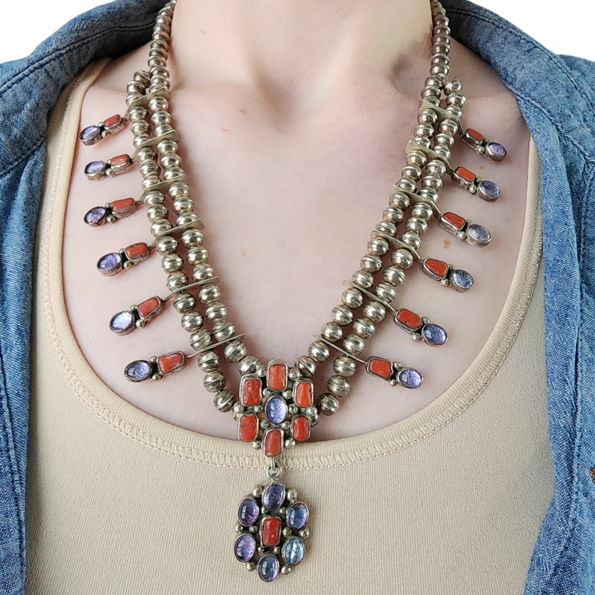 Vintage Navajo Sterling Amethyst and Coral Station Necklace