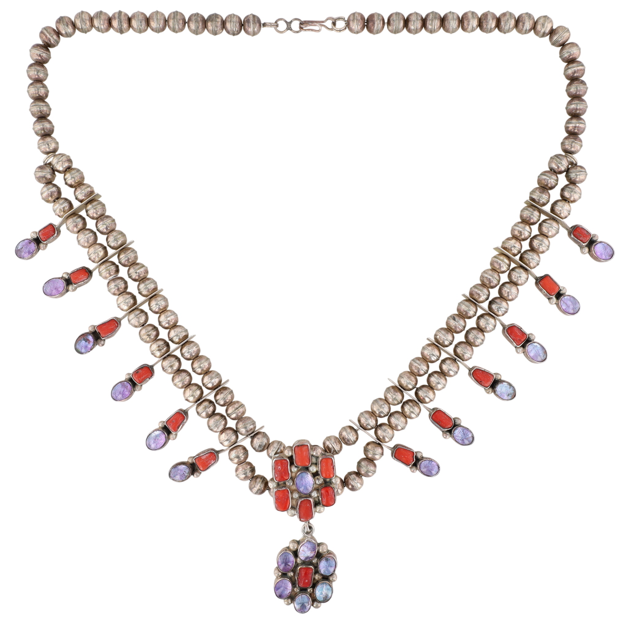 Vintage Navajo Sterling Amethyst and Coral Station Necklace