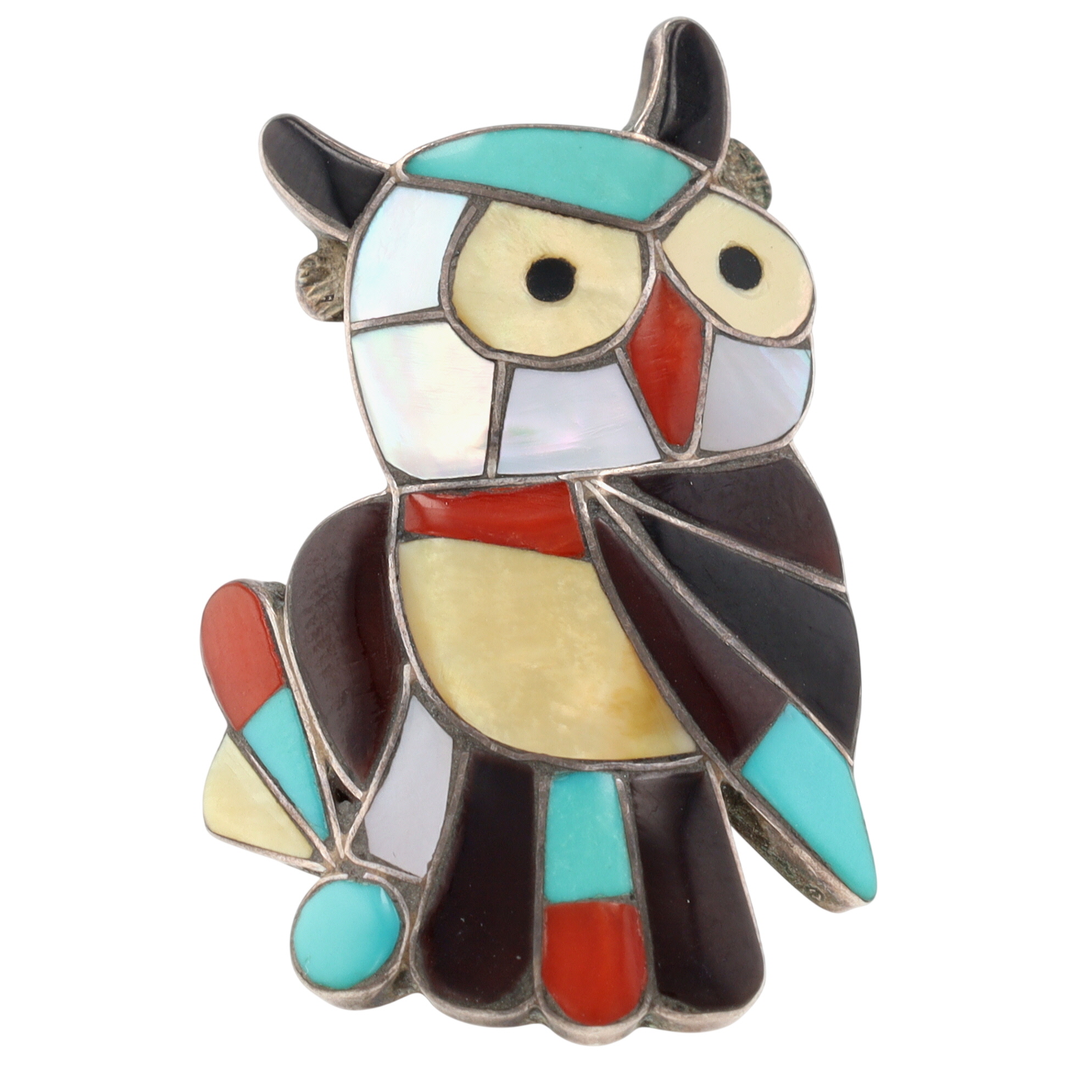 Seferino Esalio Zuni Sterling Multi-Stone Inlay Owl Ring Sz 7