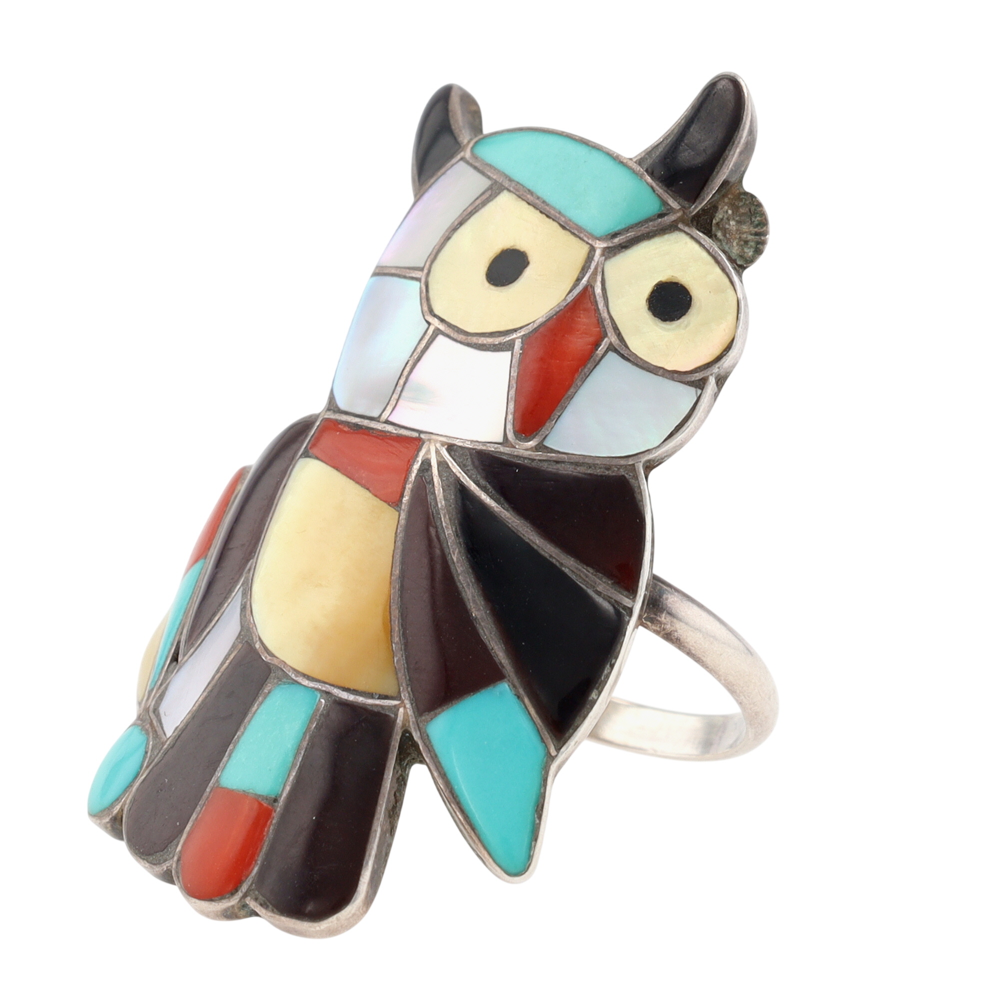 Seferino Esalio Zuni Sterling Multi-Stone Inlay Owl Ring Sz 7