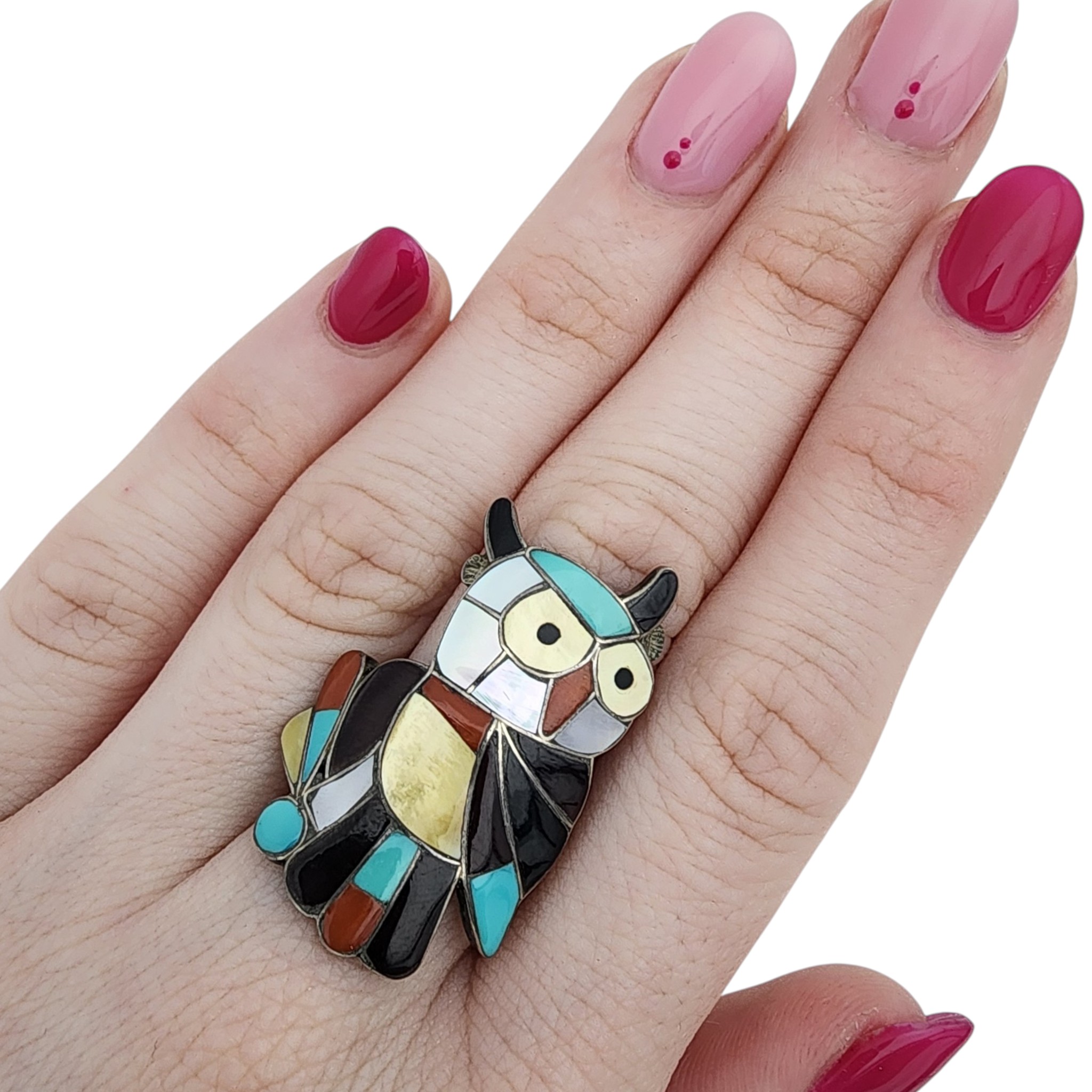 Seferino Esalio Zuni Sterling Multi-Stone Inlay Owl Ring Sz 7