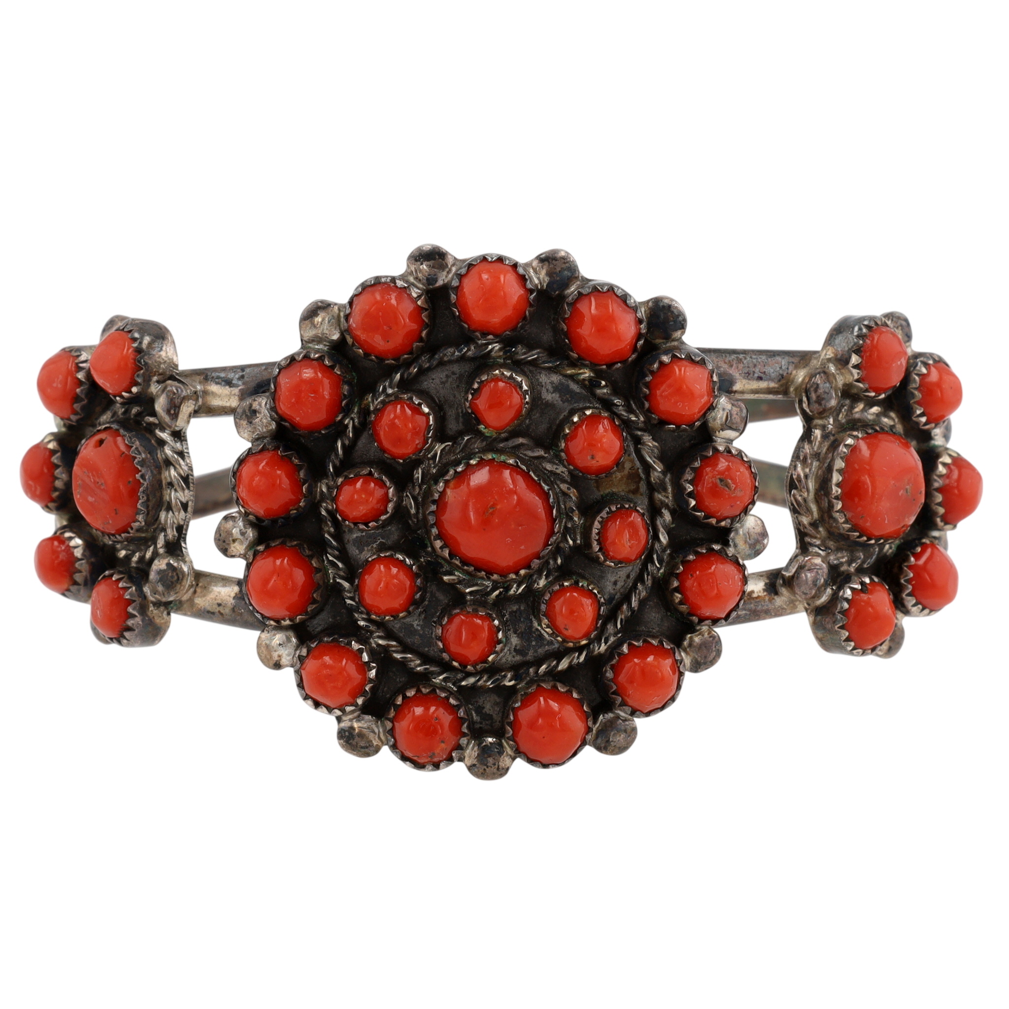 Vintage Zuni Sterling Coral Snake Eye Cuff Bracelet