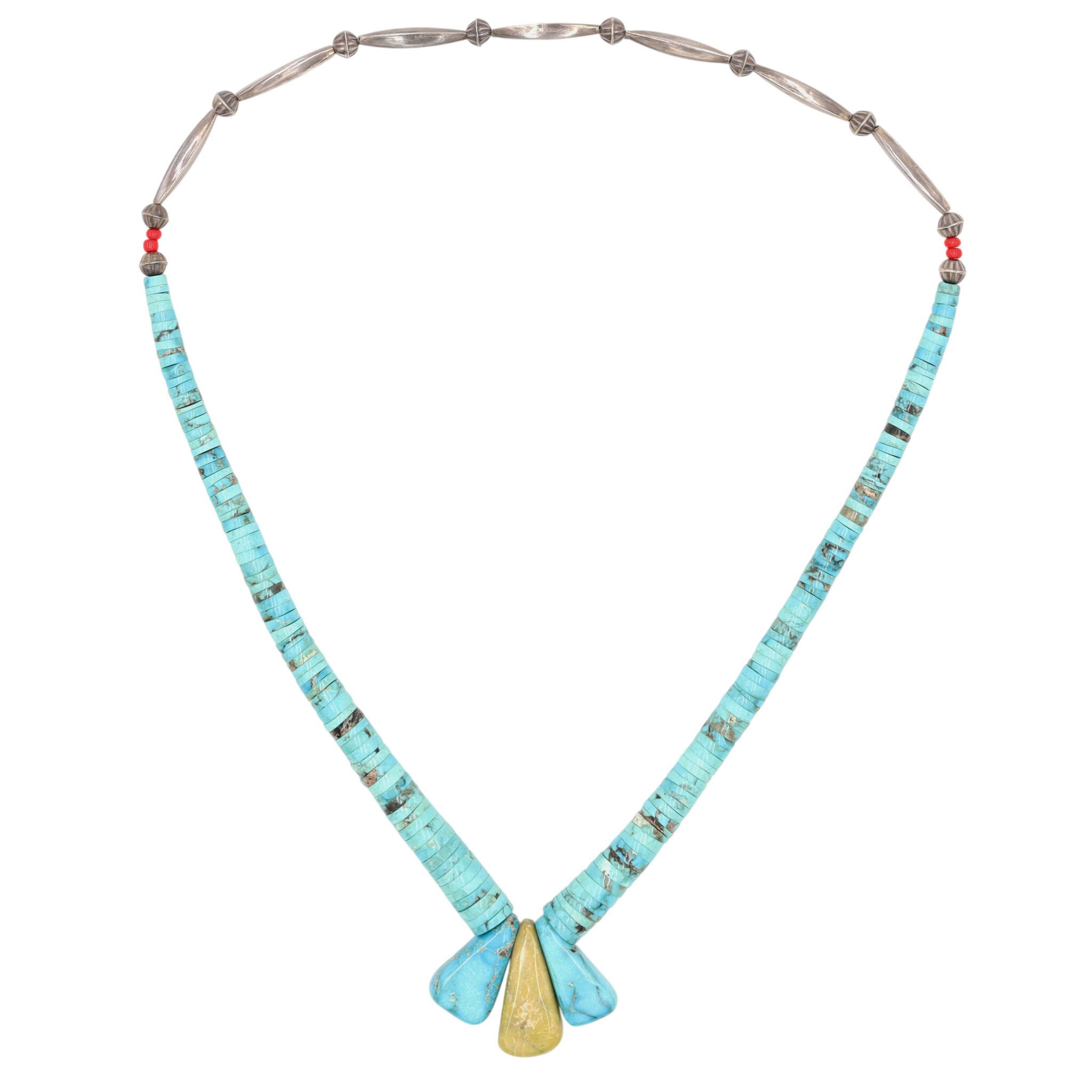 Vintage Santo Domingo Sterling Turquoise Serpentine Graduated Disc Tab Necklace