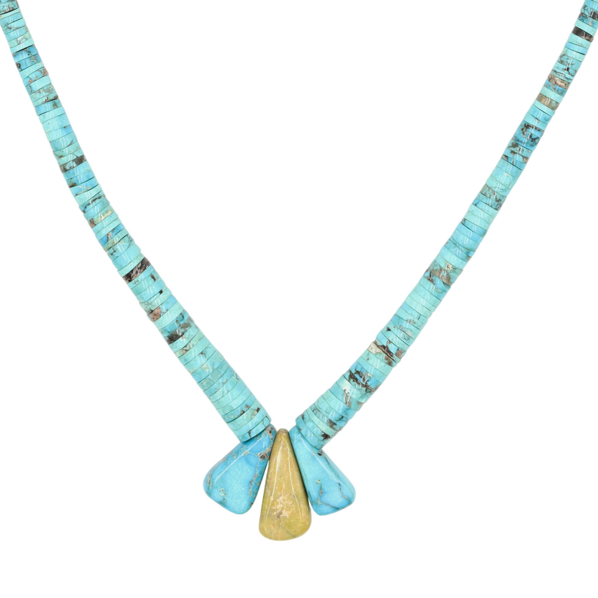 Vintage Santo Domingo Sterling Turquoise Serpentine Graduated Disc Tab Necklace