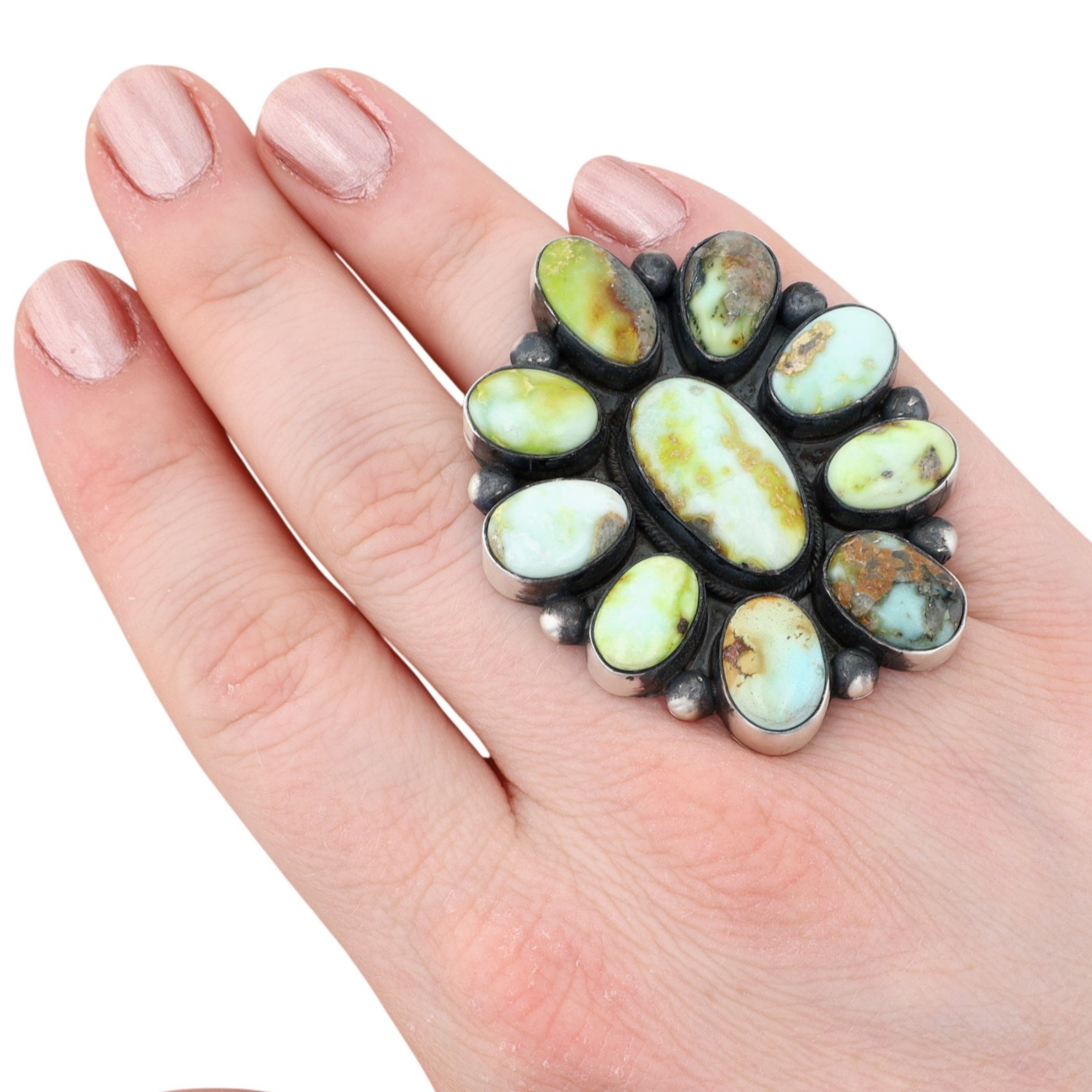 Tricia Smith Navajo Sterling Palomino Turquoise Cluster Ring Sz 6.5