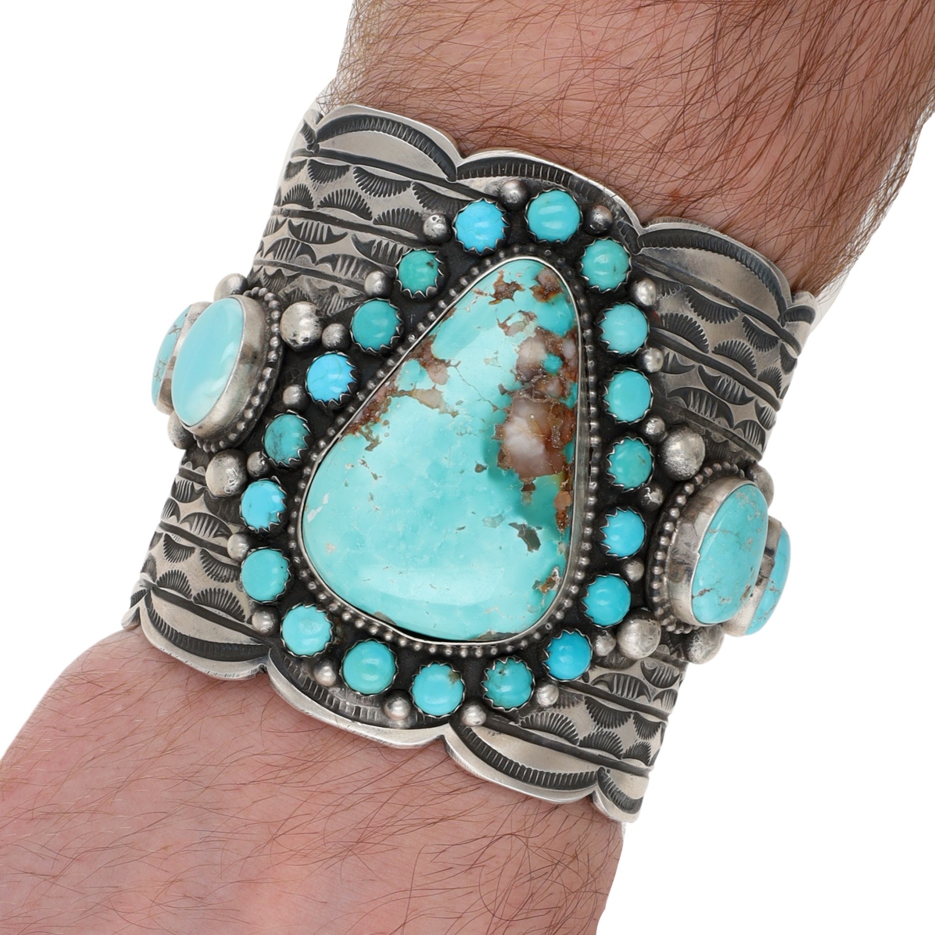 Incredible Tillie Jon Navajo Sterling Turquoise Wide Stamped Cuff Bracelet