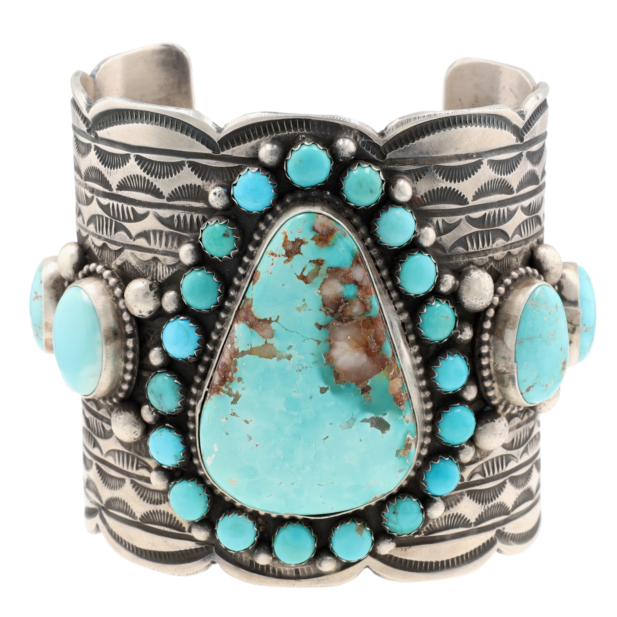 Incredible Tillie Jon Navajo Sterling Turquoise Wide Stamped Cuff Bracelet