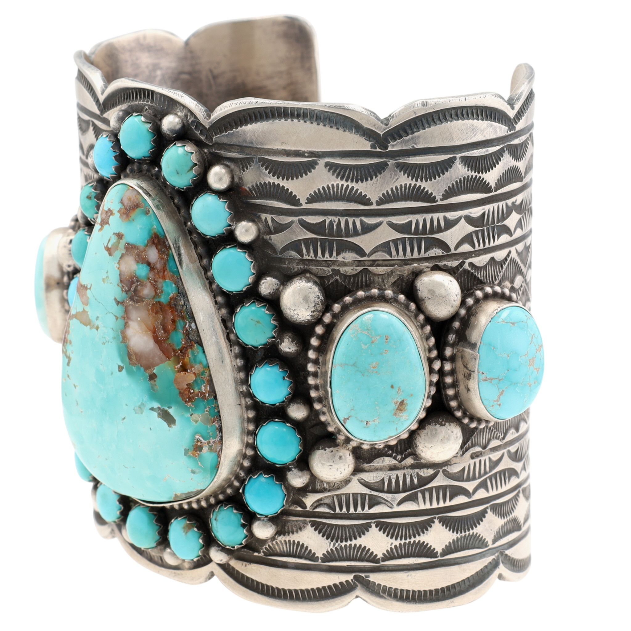 Incredible Tillie Jon Navajo Sterling Turquoise Wide Stamped Cuff Bracelet