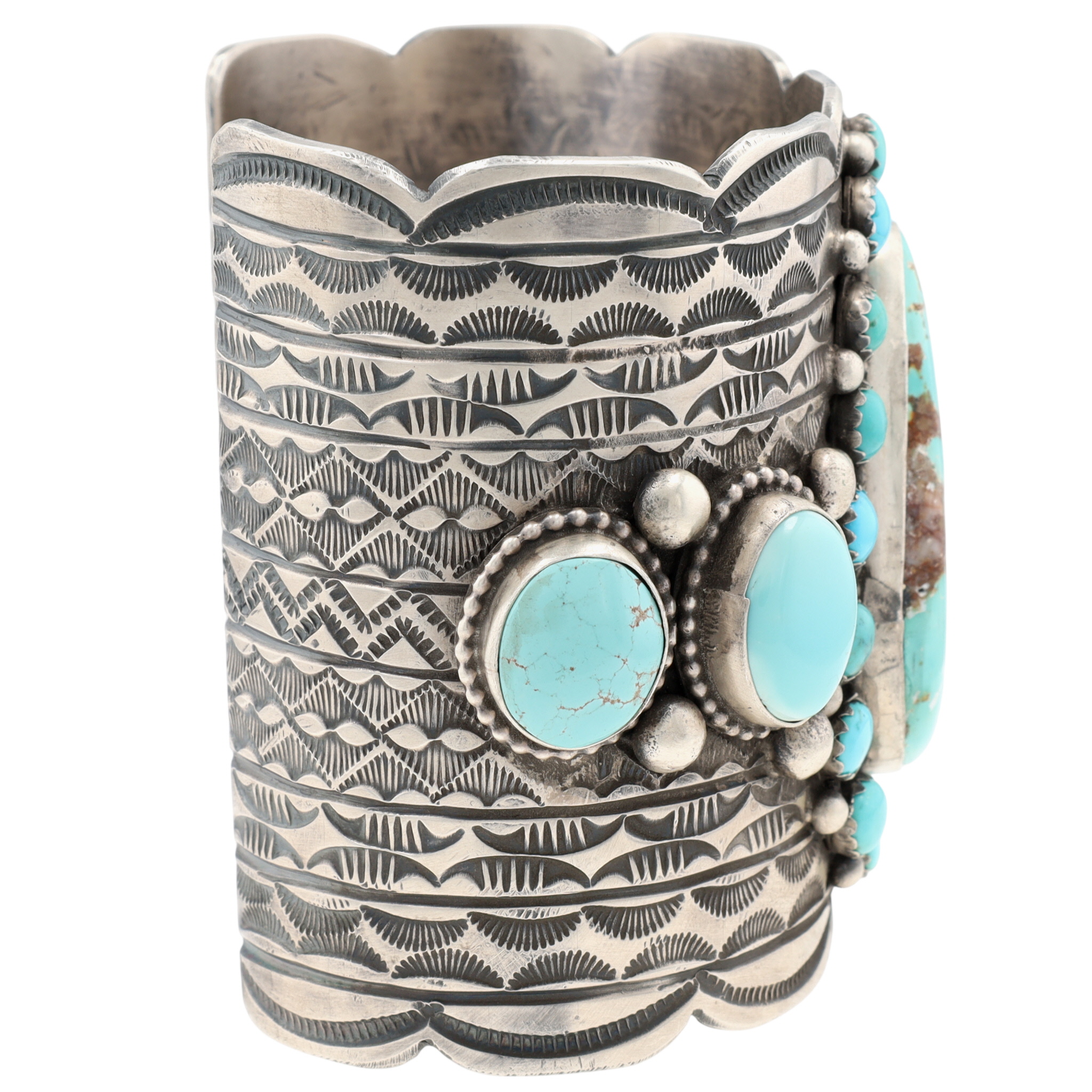Incredible Tillie Jon Navajo Sterling Turquoise Wide Stamped Cuff Bracelet