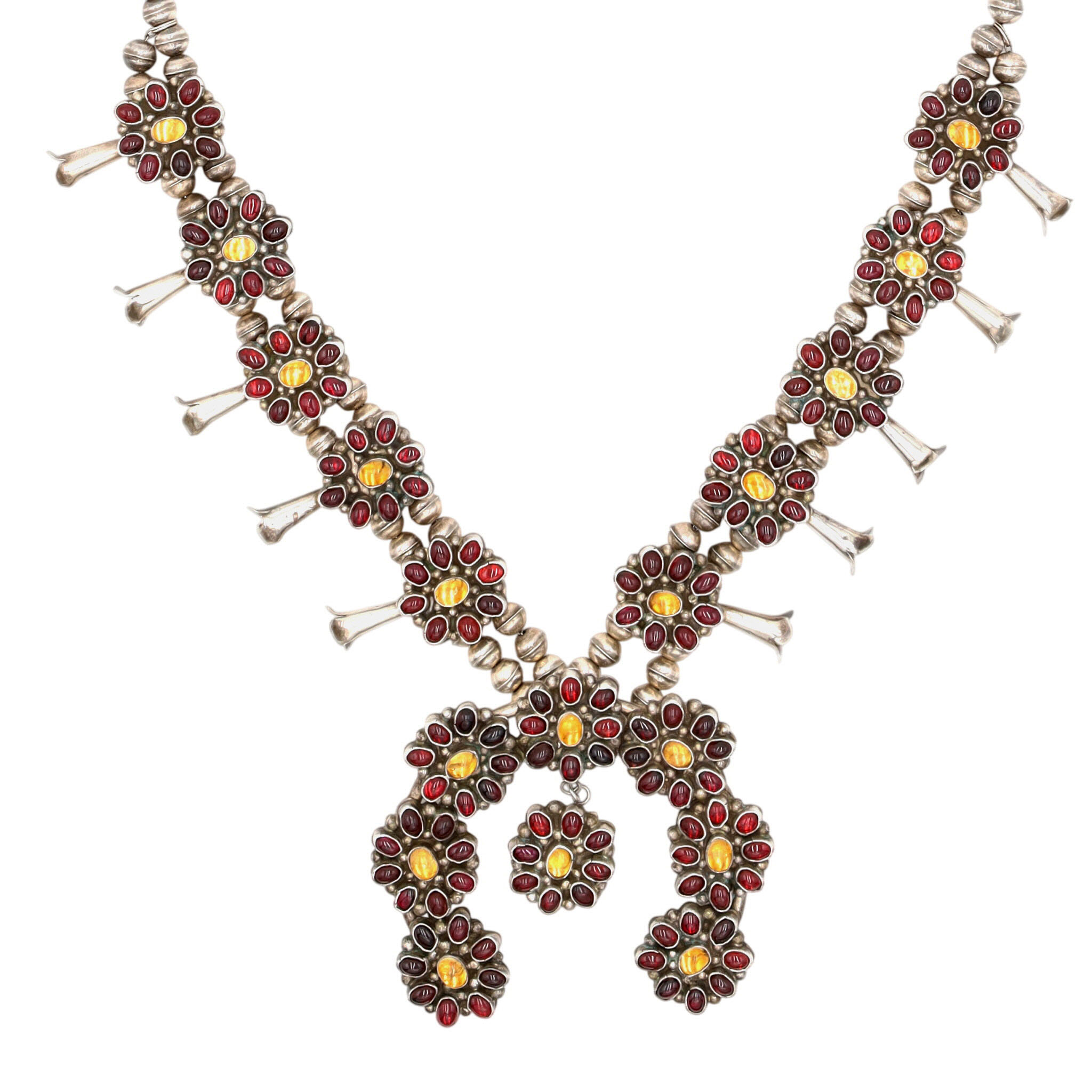 Vintage Signed Navajo Sterling Garnet and Citrine Cluster Squash Blossom Necklace