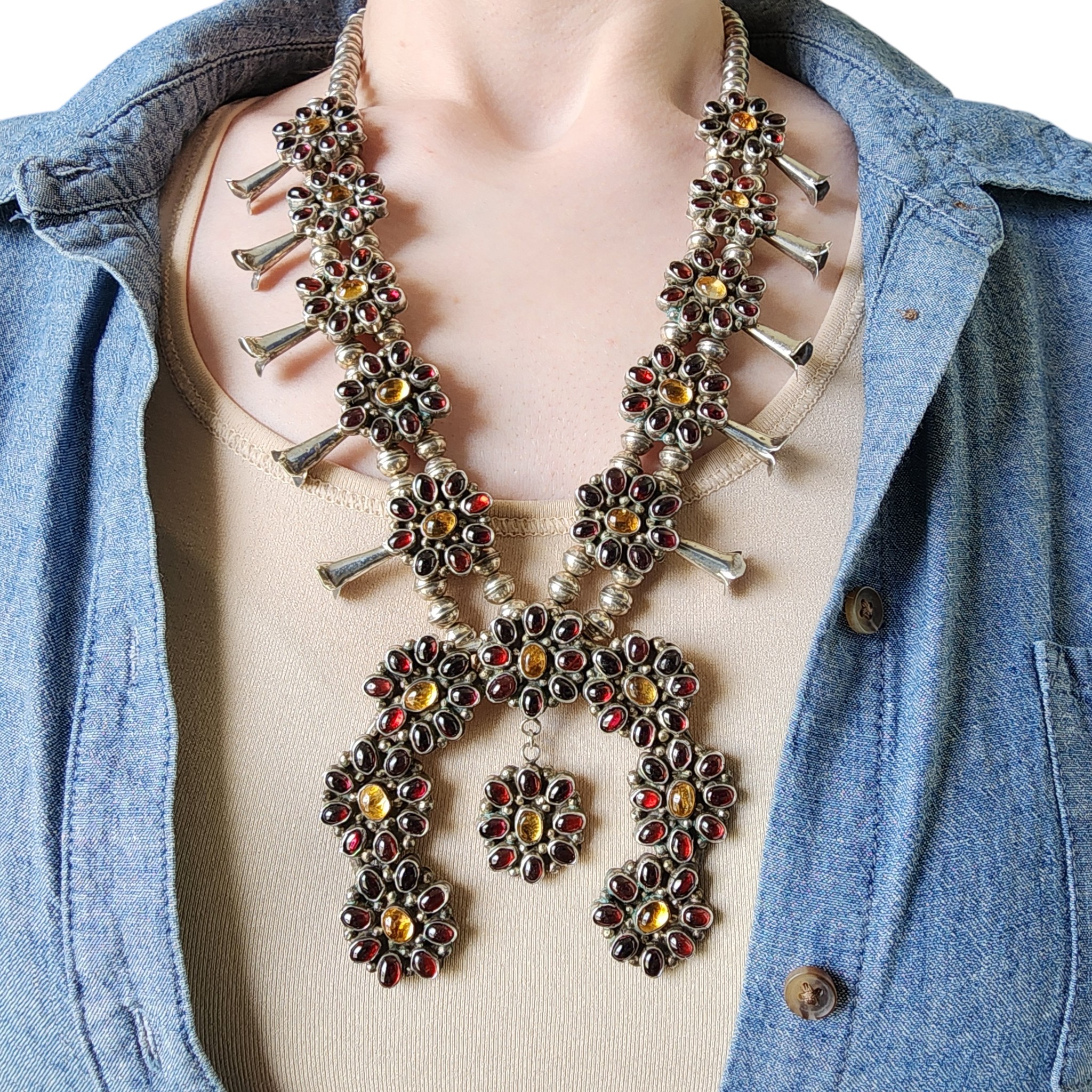 Vintage Signed Navajo Sterling Garnet and Citrine Cluster Squash Blossom Necklace