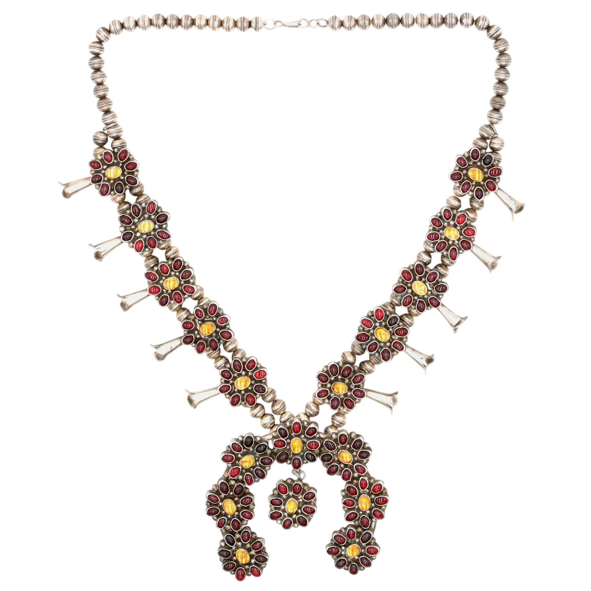 Vintage Signed Navajo Sterling Garnet and Citrine Cluster Squash Blossom Necklace