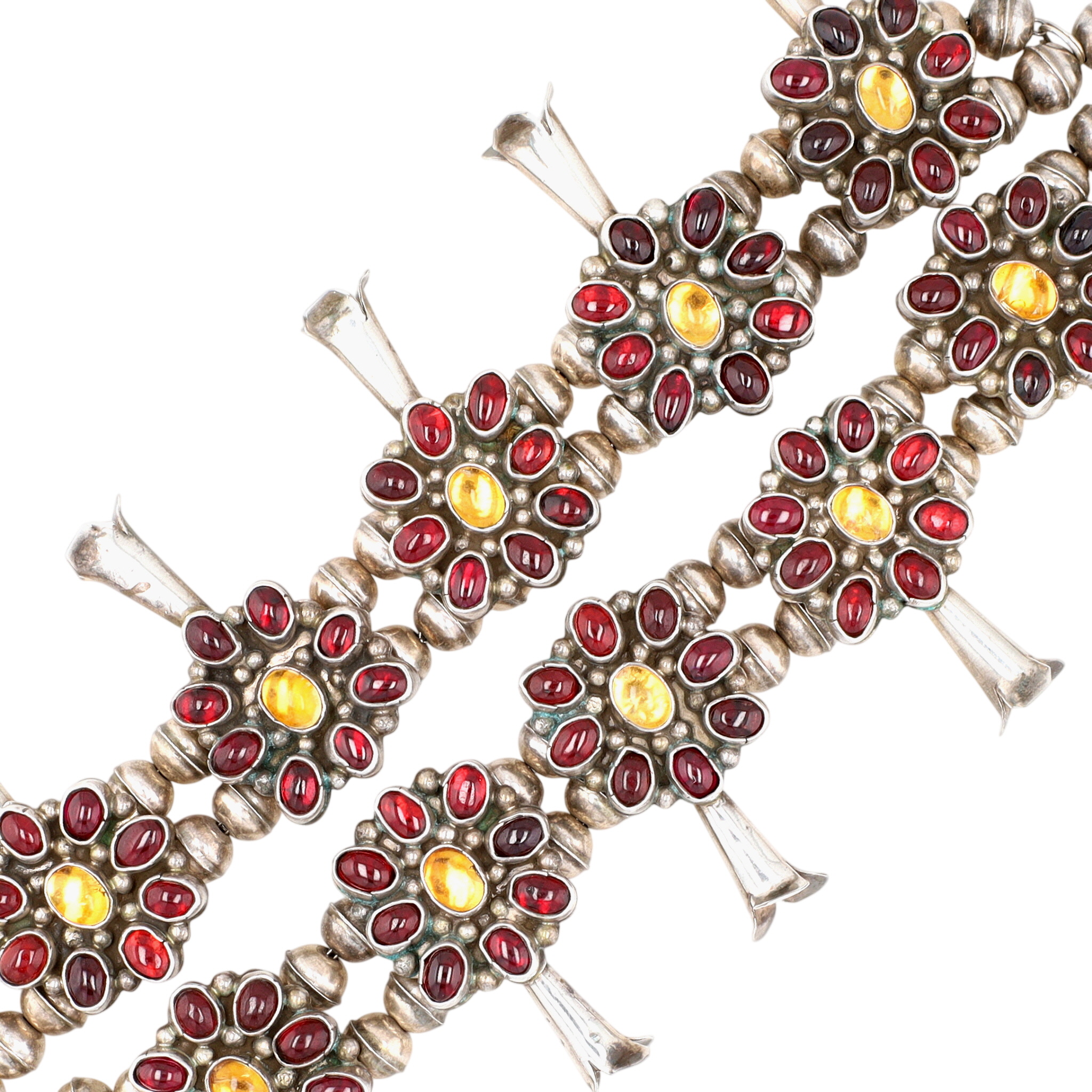 Vintage Signed Navajo Sterling Garnet and Citrine Cluster Squash Blossom Necklace