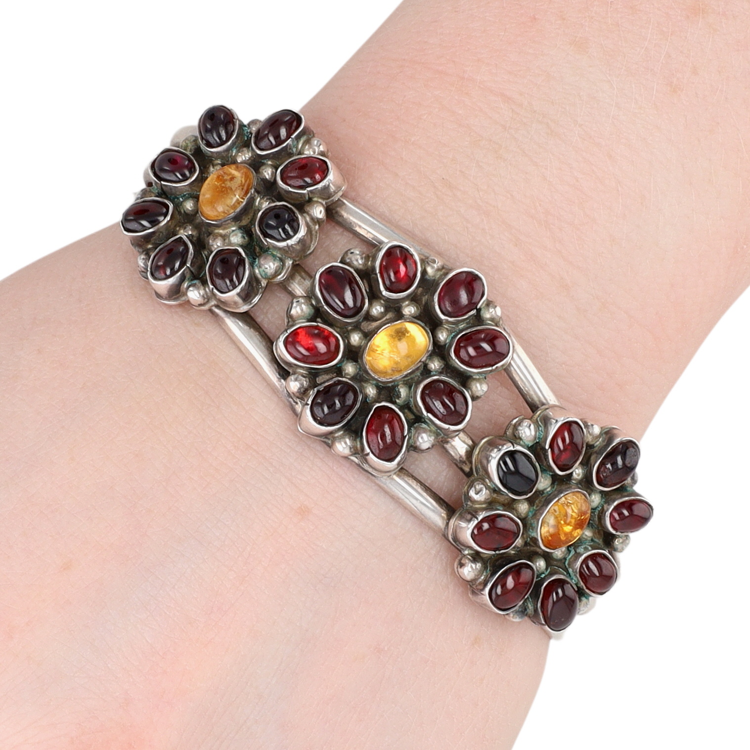 Vintage Signed Navajo Sterling Garnet and Citrine Cluster Cuff Bracelet