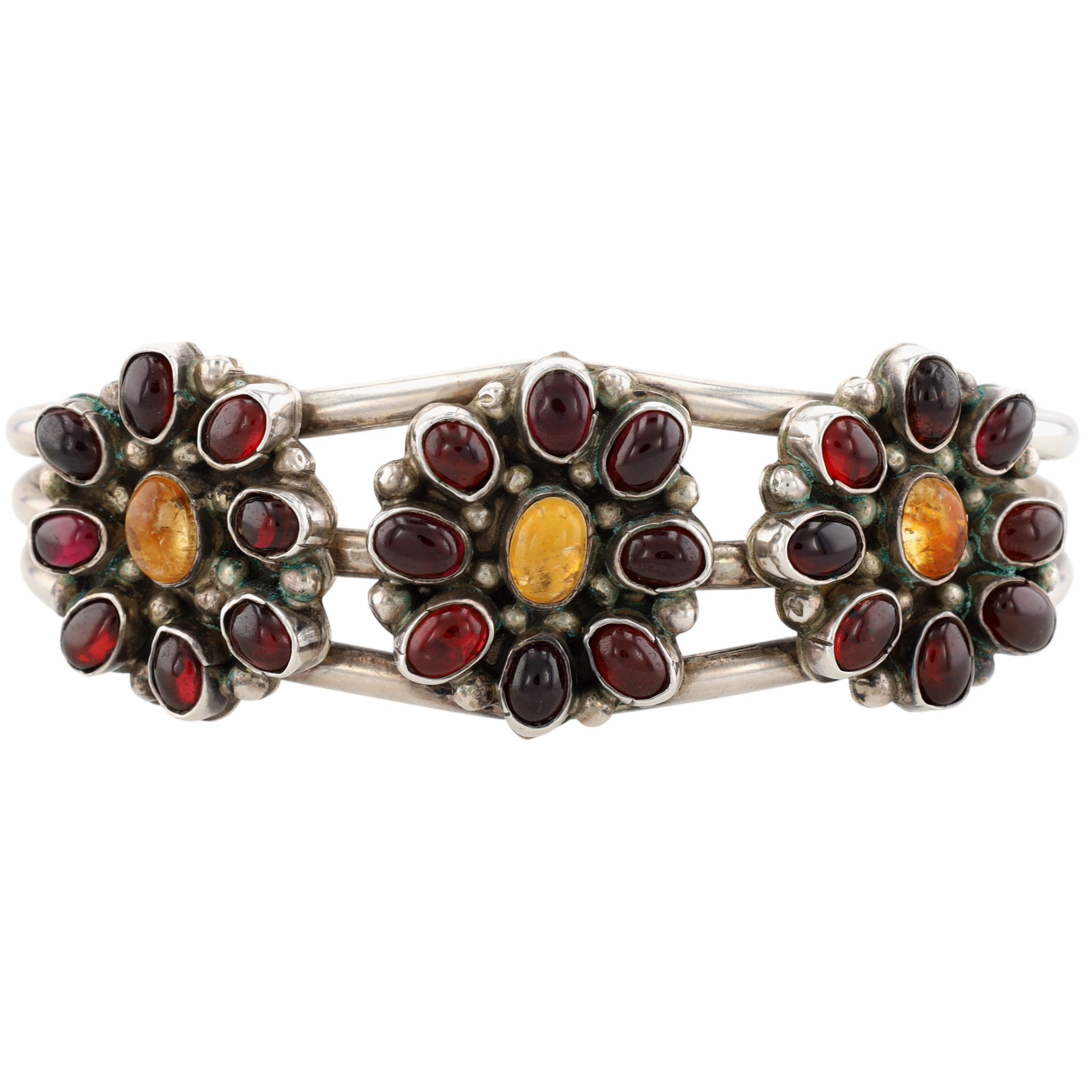 Vintage Signed Navajo Sterling Garnet and Citrine Cluster Cuff Bracelet