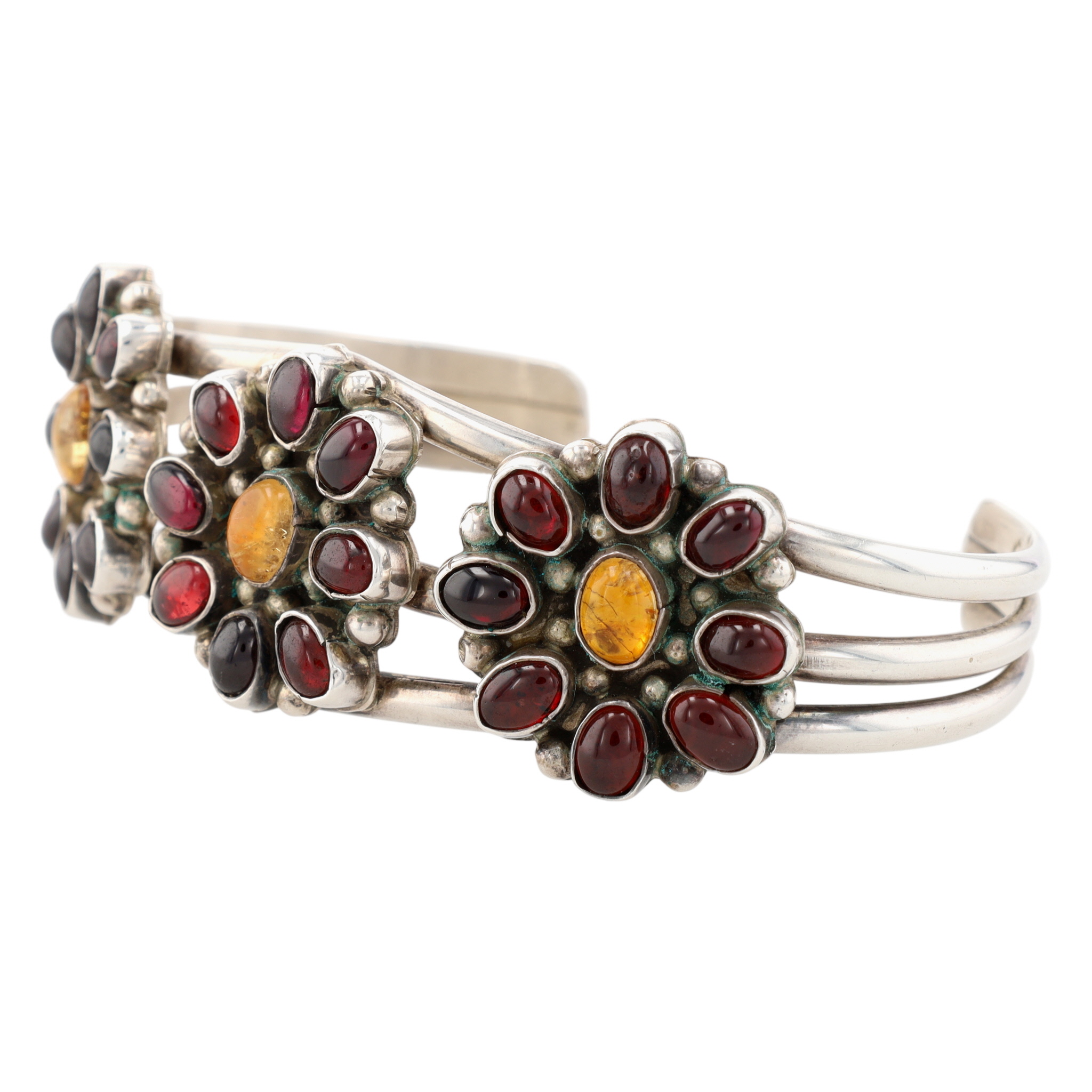 Vintage Signed Navajo Sterling Garnet and Citrine Cluster Cuff Bracelet
