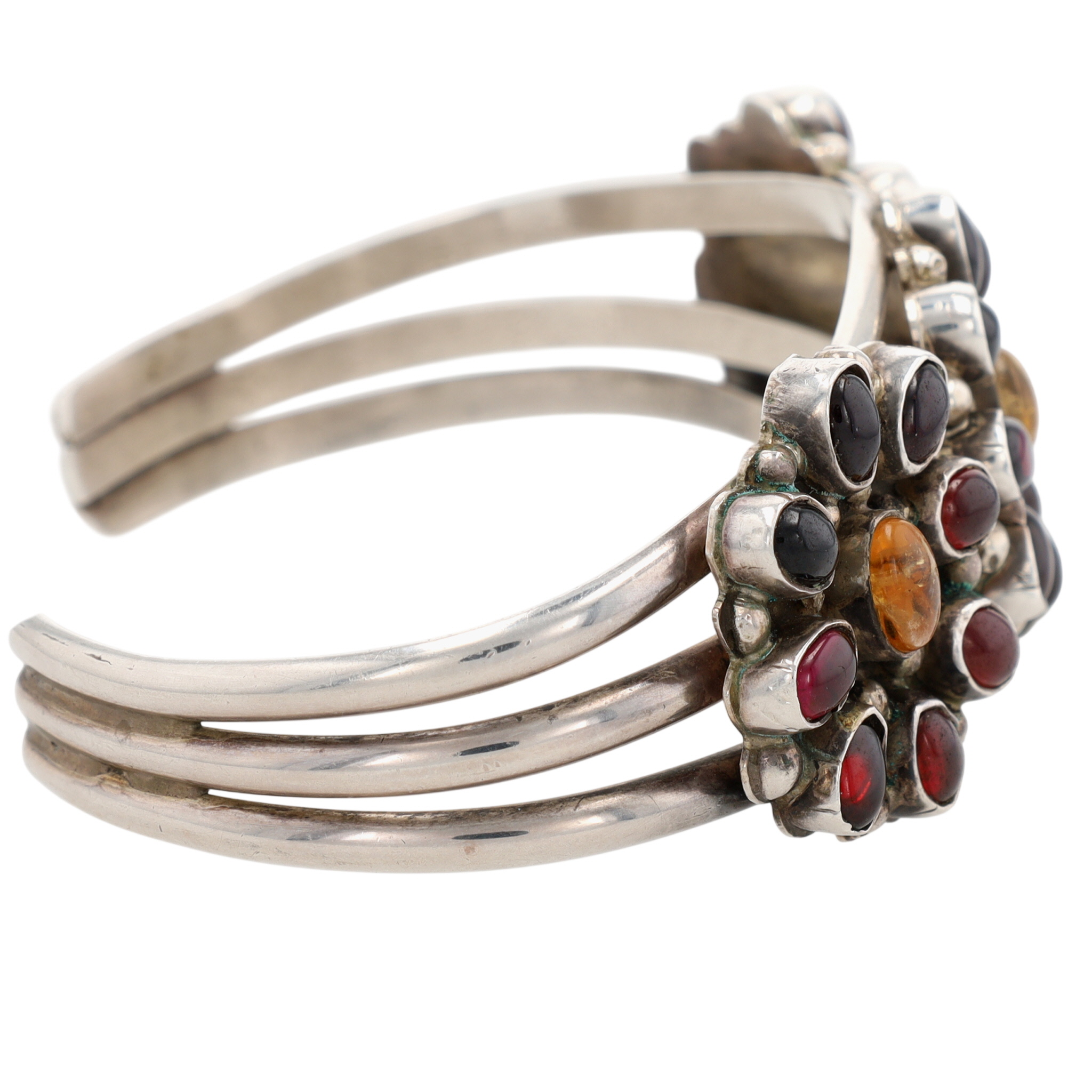 Vintage Signed Navajo Sterling Garnet and Citrine Cluster Cuff Bracelet