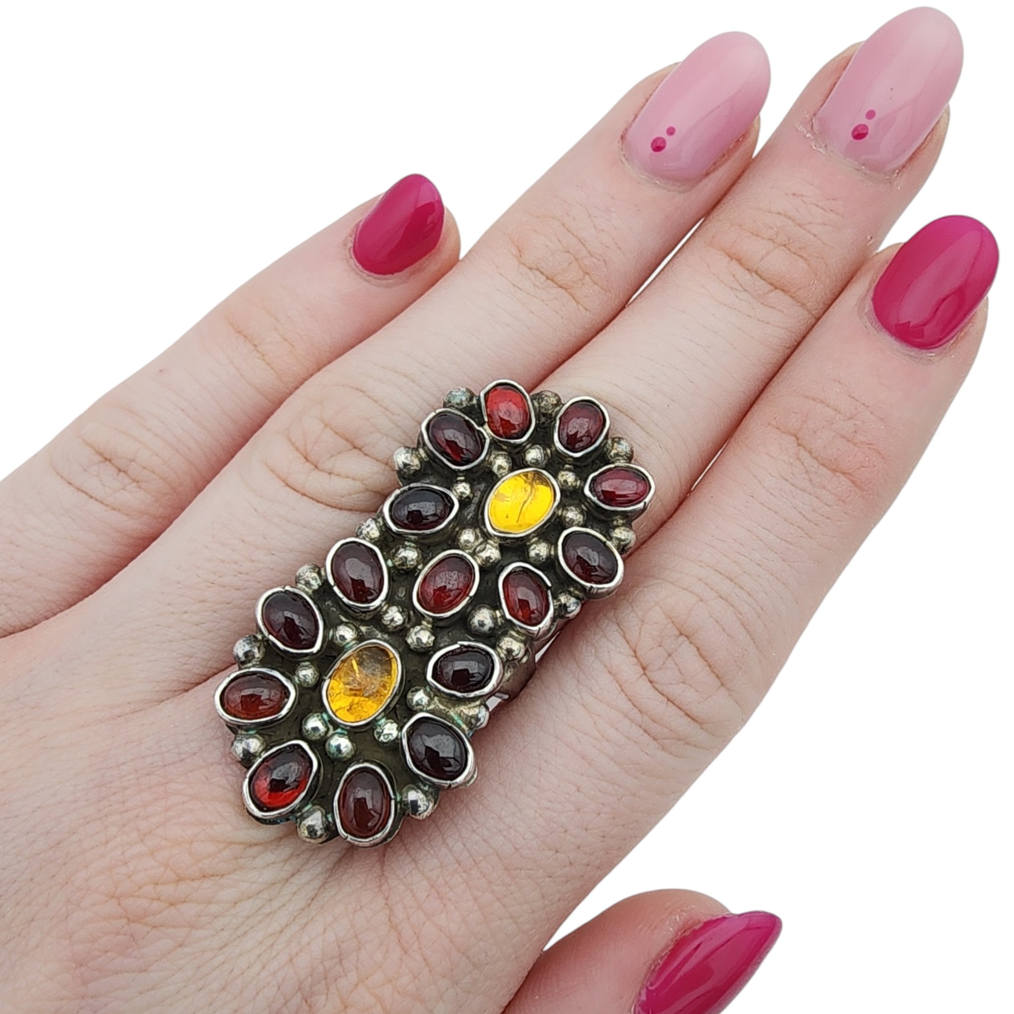 Vintage Signed Navajo Sterling Garnet and Citrine Cluster Ring Sz 7.5