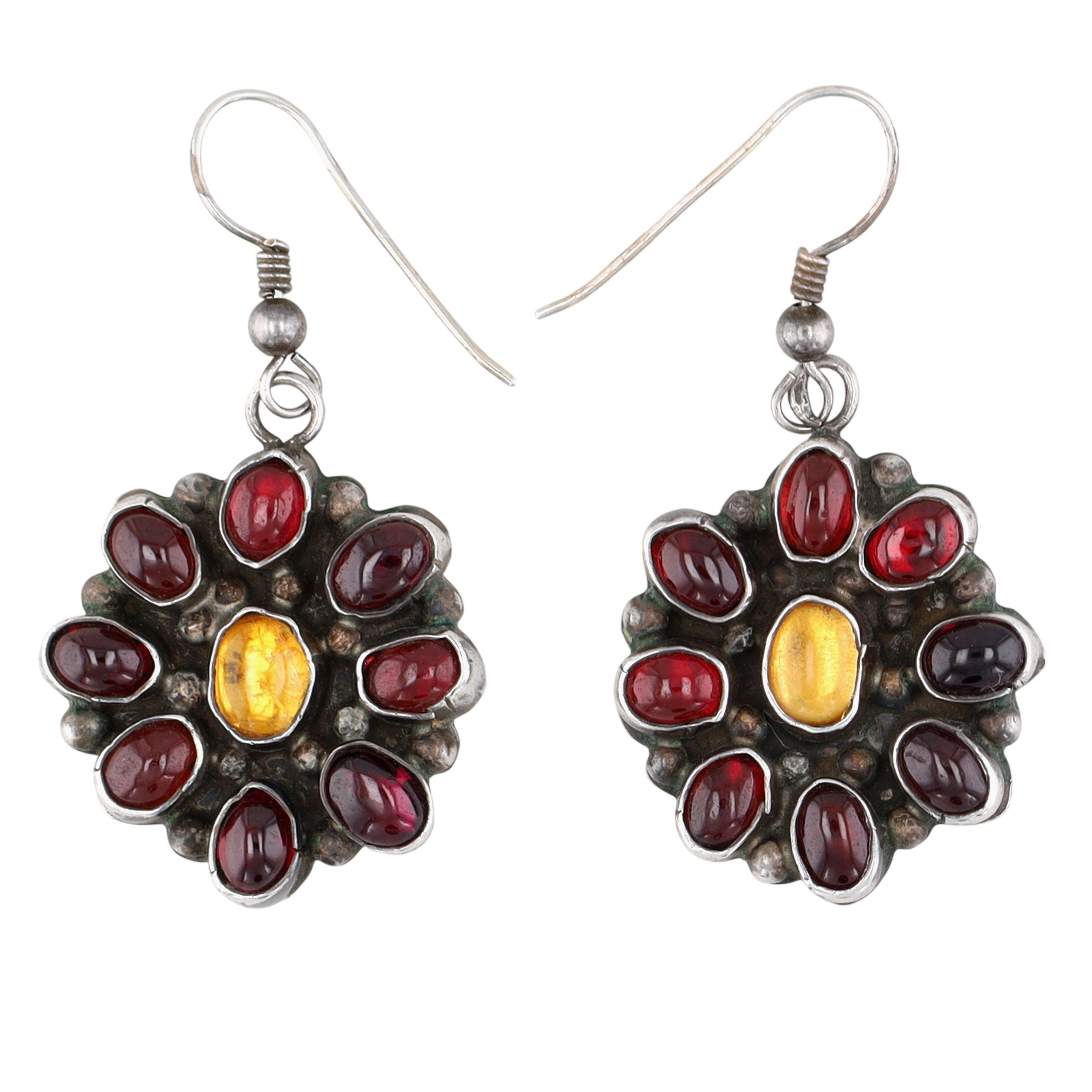Vintage Signed Navajo Sterling Garnet and Citrine Cluster Earrings