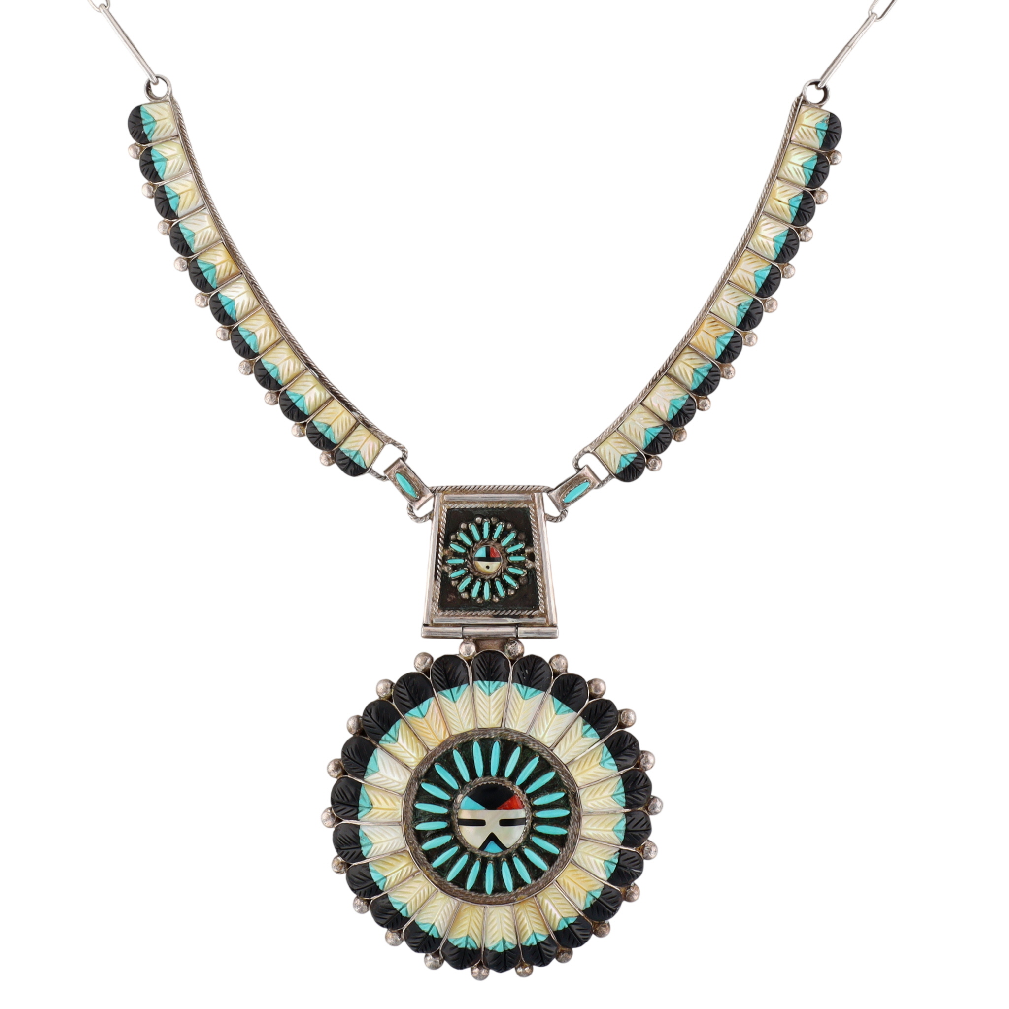 Vintage Zuni Sterling Carved Multi-Stone Inlay Sunface Necklace
