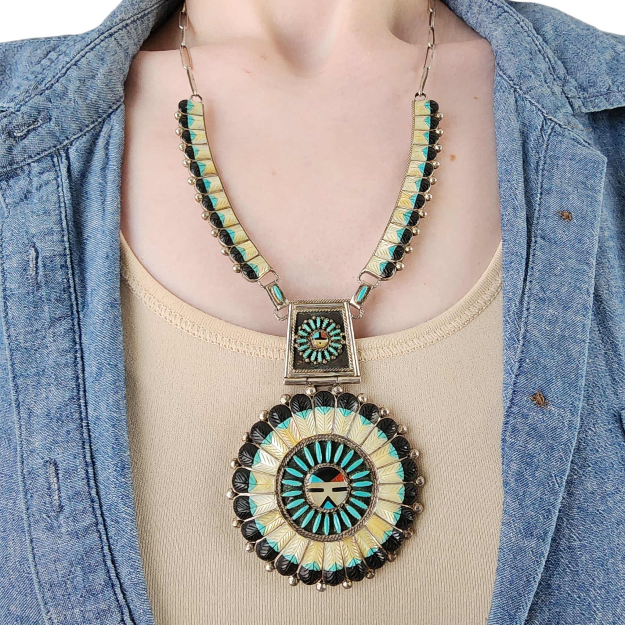 Vintage Zuni Sterling Carved Multi-Stone Inlay Sunface Necklace