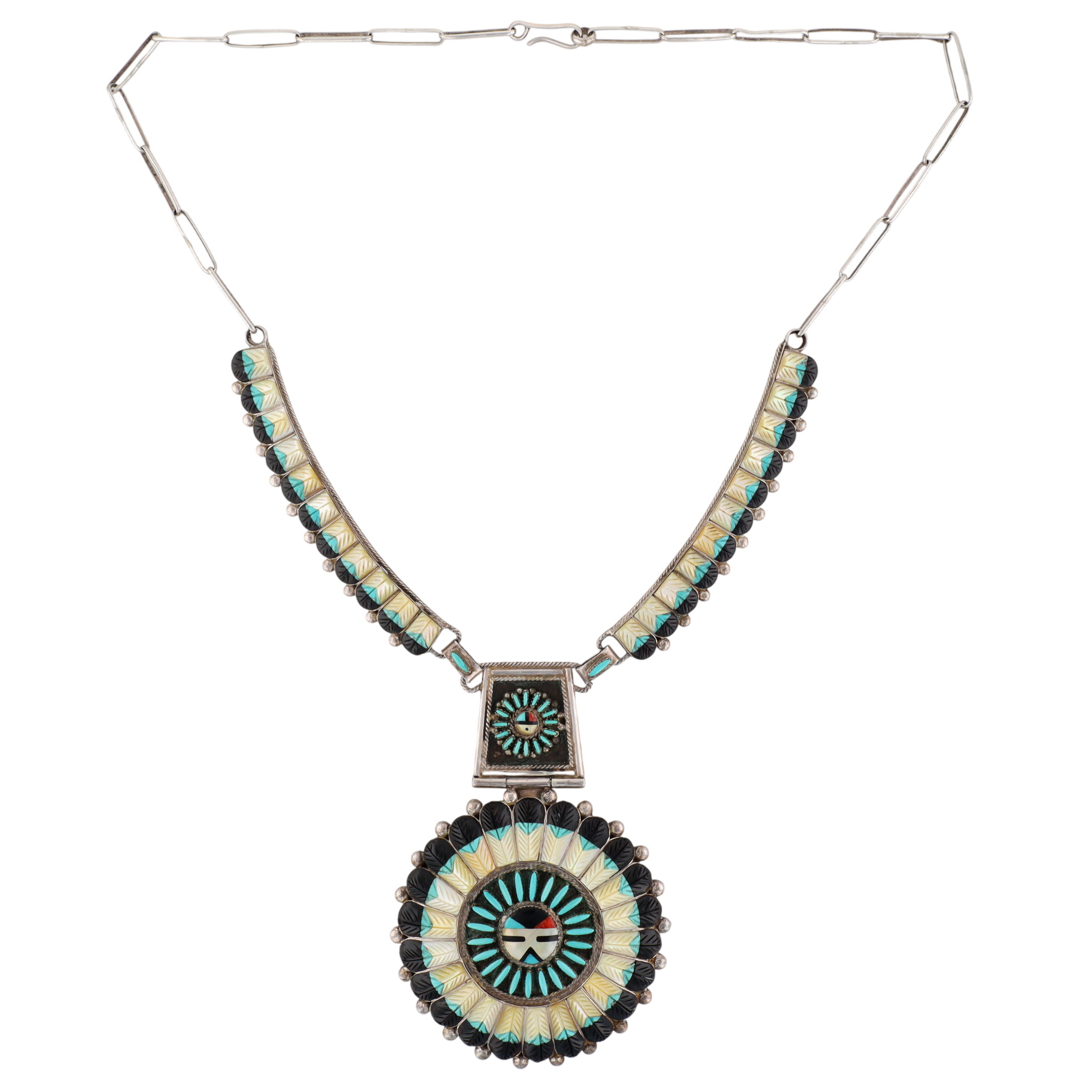 Vintage Zuni Sterling Carved Multi-Stone Inlay Sunface Necklace