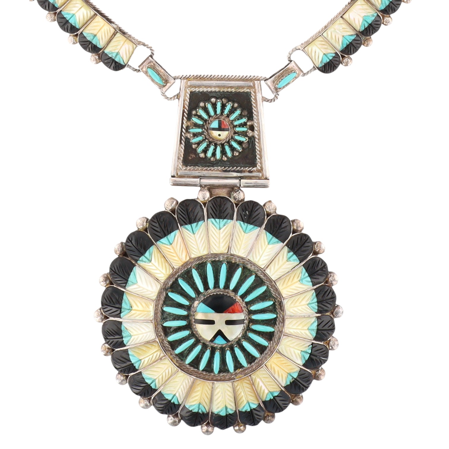 Vintage Zuni Sterling Carved Multi-Stone Inlay Sunface Necklace