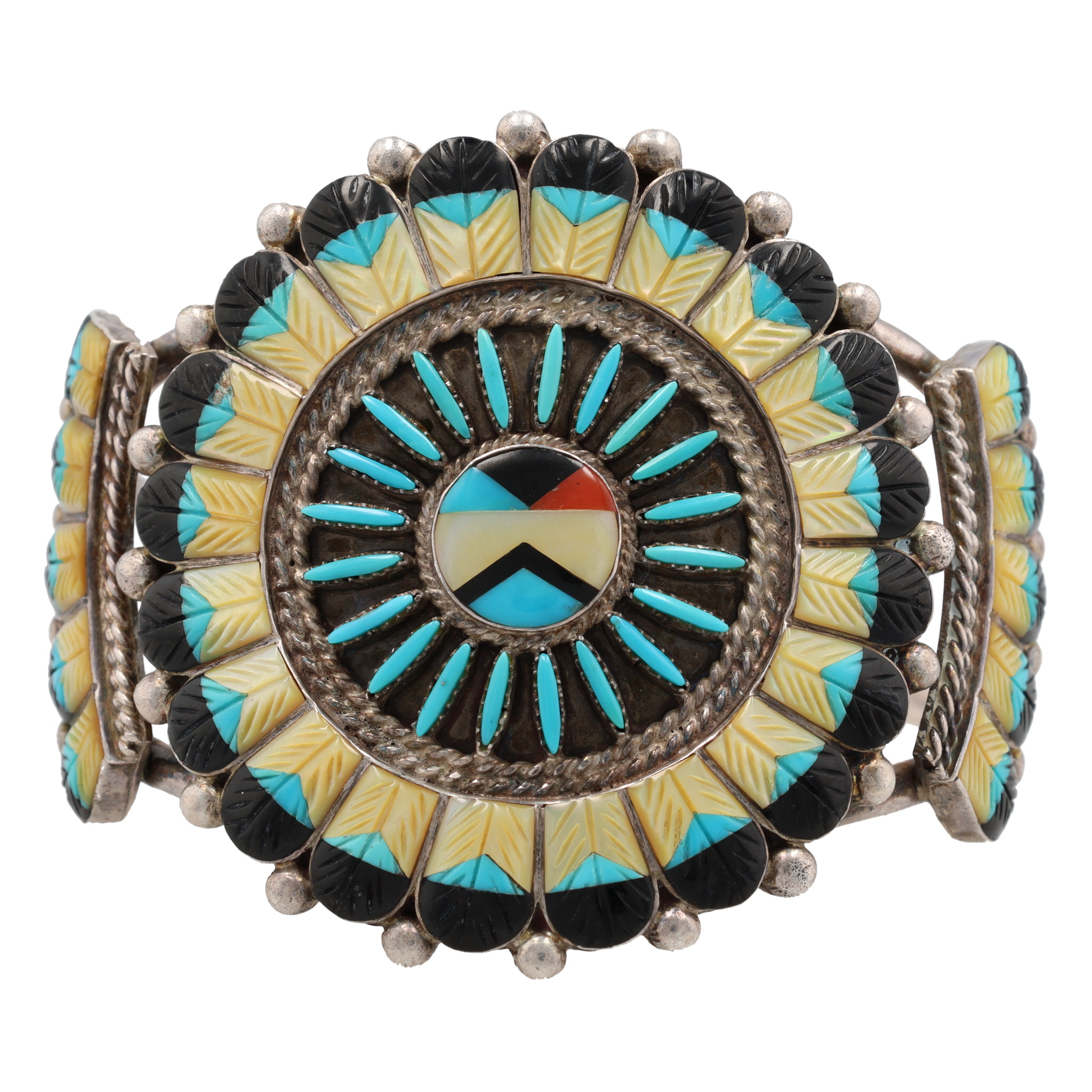 Vintage Zuni Sterling Carved Multi-Stone Inlay Sunface Cuff Bracelet