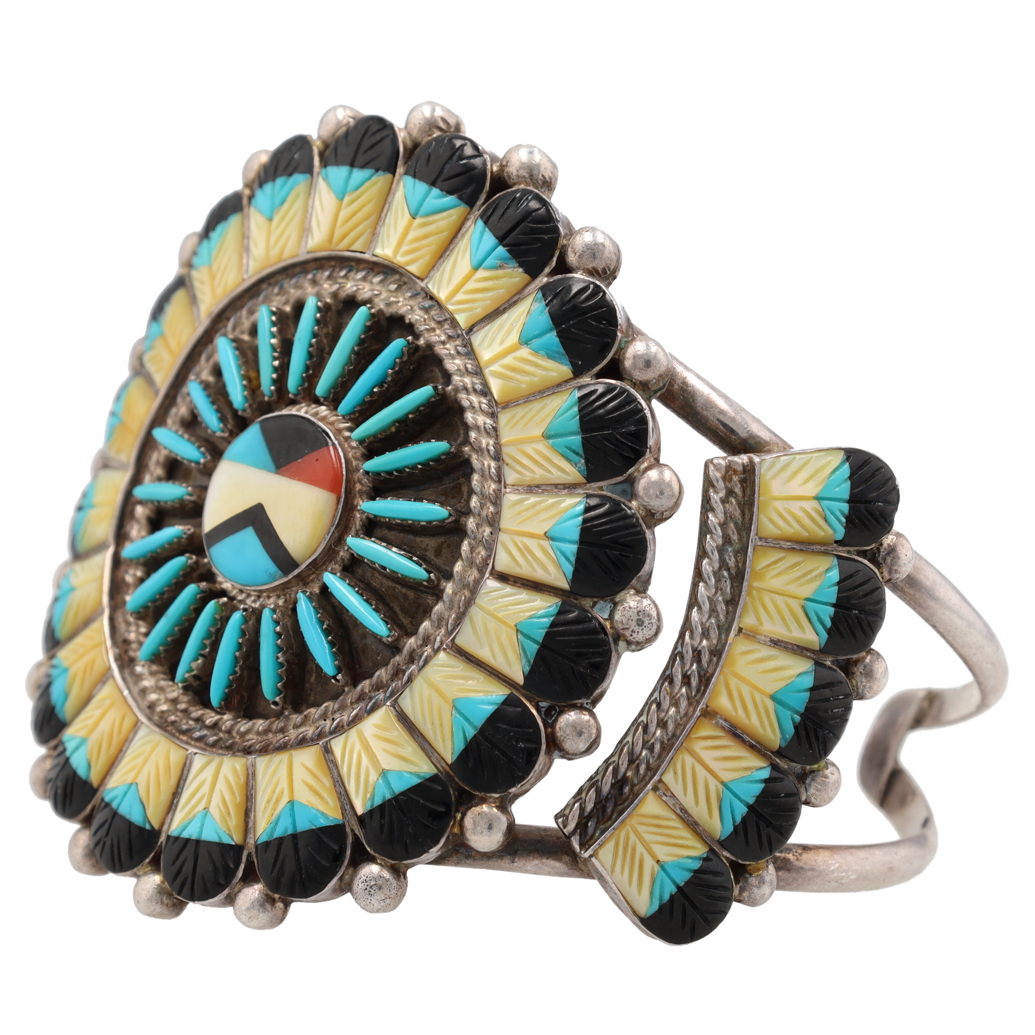 Vintage Zuni Sterling Carved Multi-Stone Inlay Sunface Cuff Bracelet