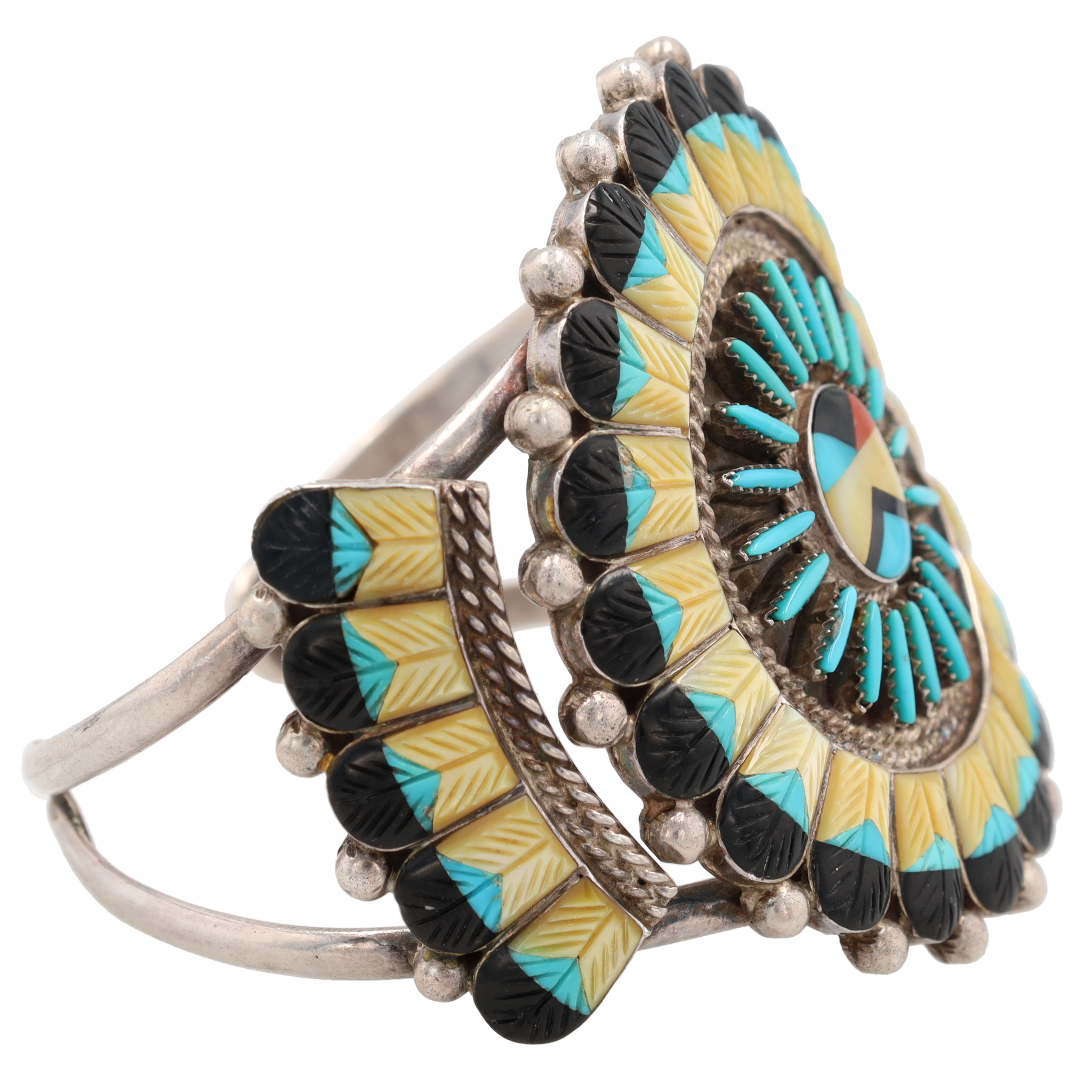 Vintage Zuni Sterling Carved Multi-Stone Inlay Sunface Cuff Bracelet