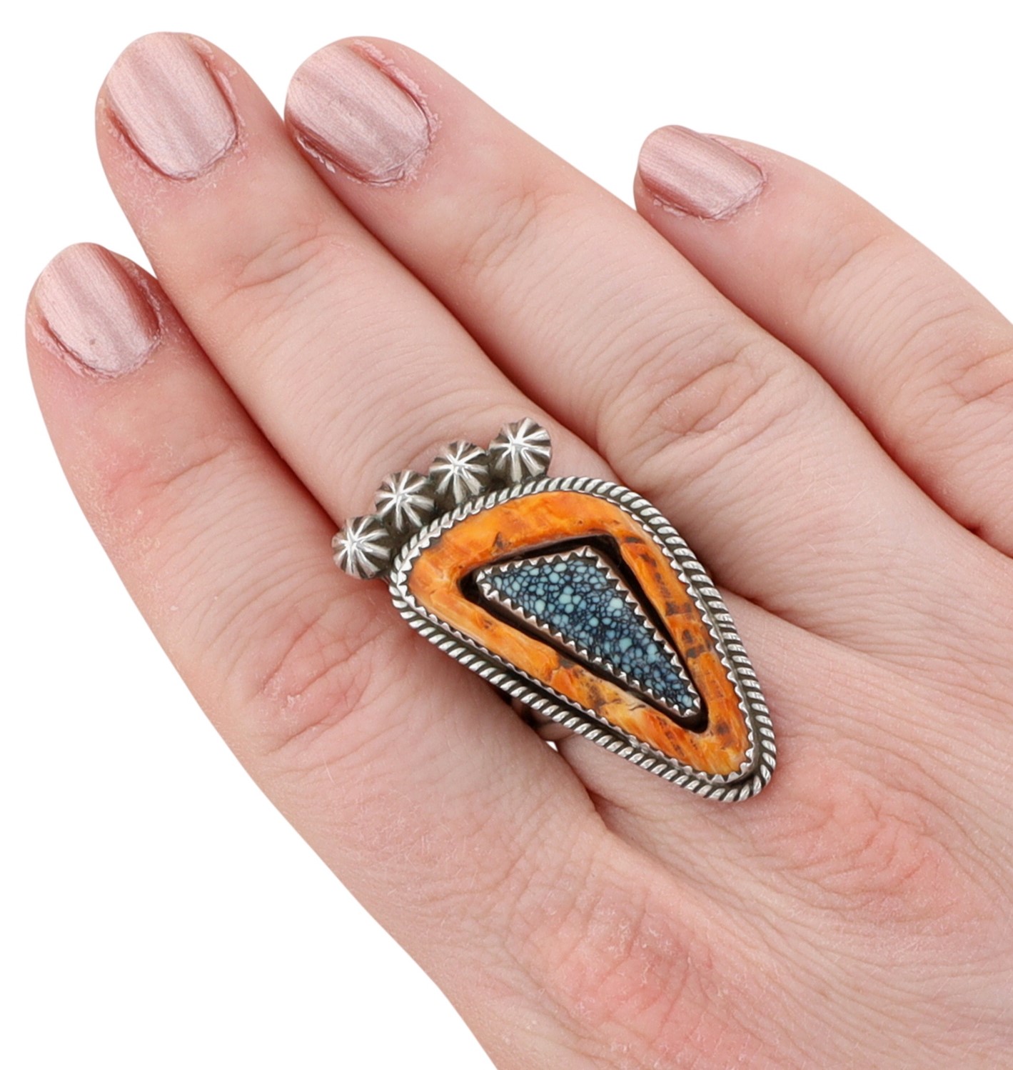 Redwater Navajo Sterling Lander Turquoise Spiny Oyster Ring Sz 8