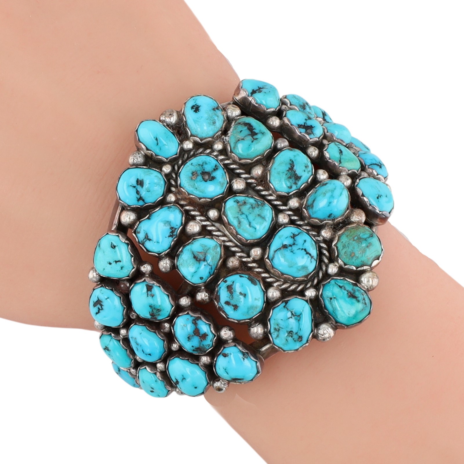 Vintage Navajo Sterling Turquoise Cluster Cuff Bracelet