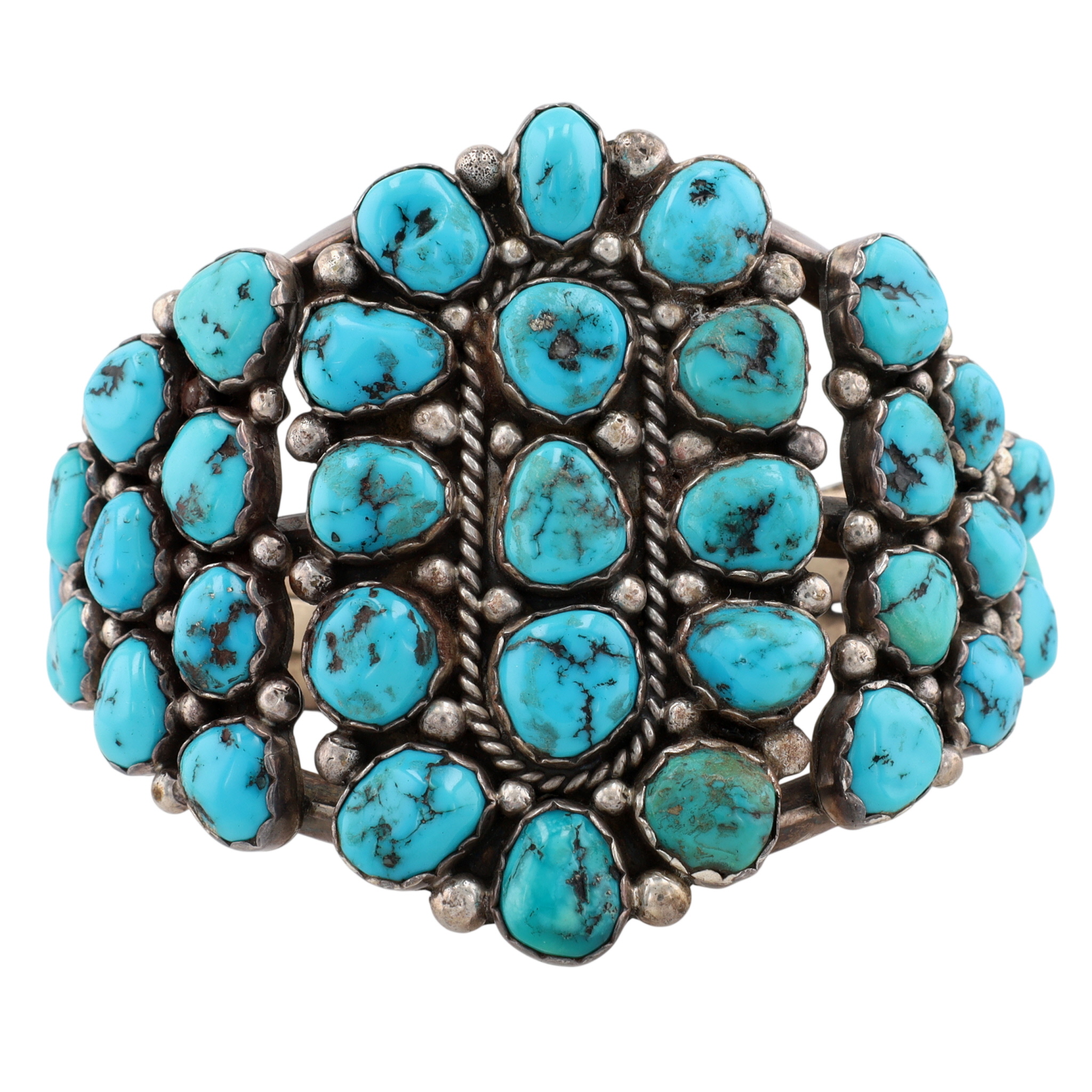 Vintage Navajo Sterling Turquoise Cluster Cuff Bracelet