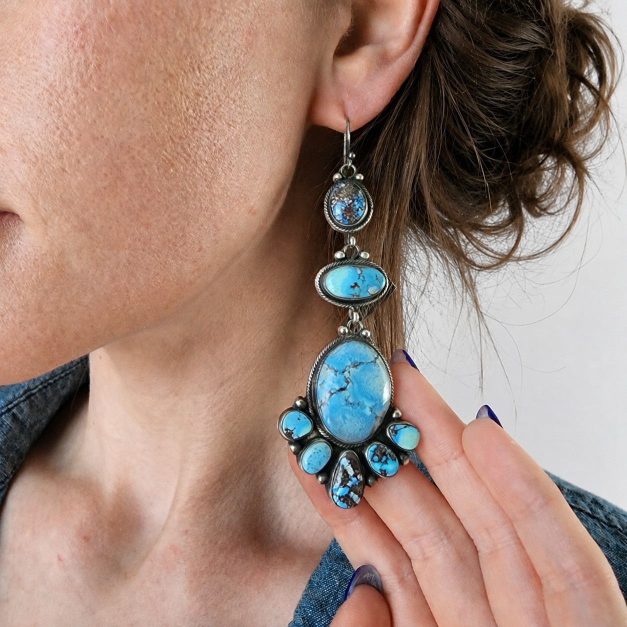Eleanor Largo Navajo Sterling Golden Hills Turquoise Statement Earrings
