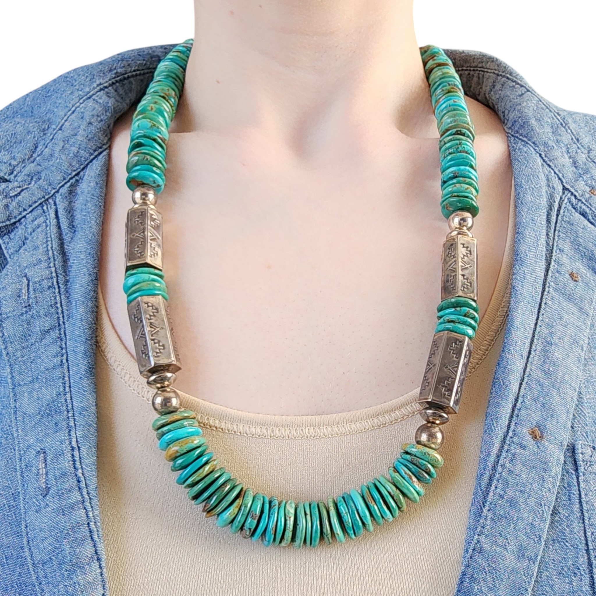 Elva Yazzie Navajo Sterling Barrel Bead Turquoise Disc Necklace