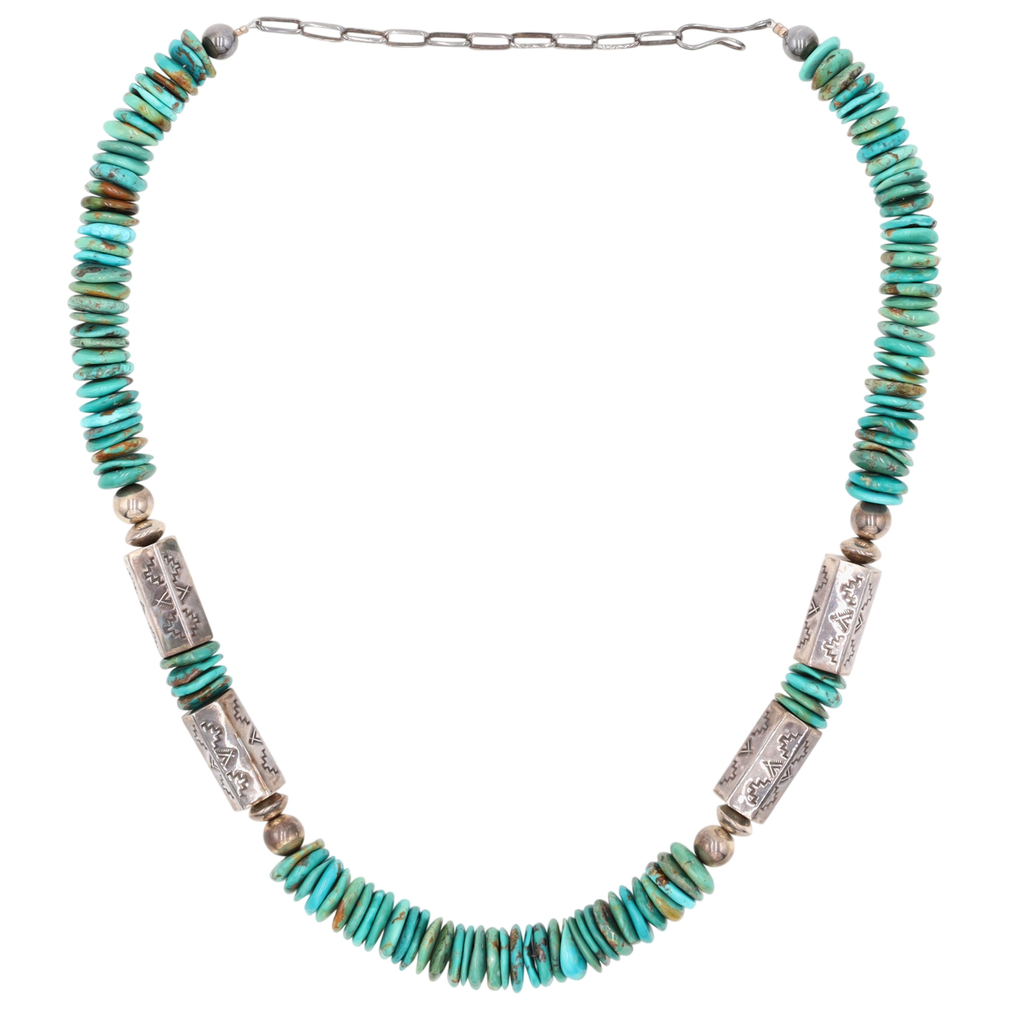 Elva Yazzie Navajo Sterling Barrel Bead Turquoise Disc Necklace