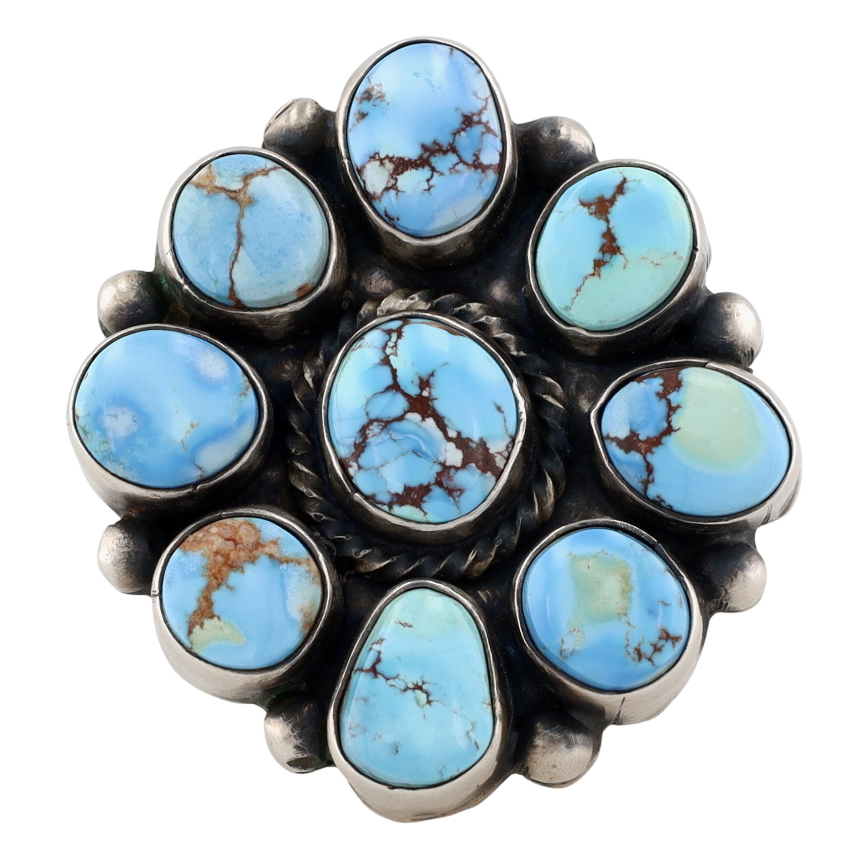 Raymond Beard Navajo Sterling Golden Hills Turquoise Cluster Ring Sz 9