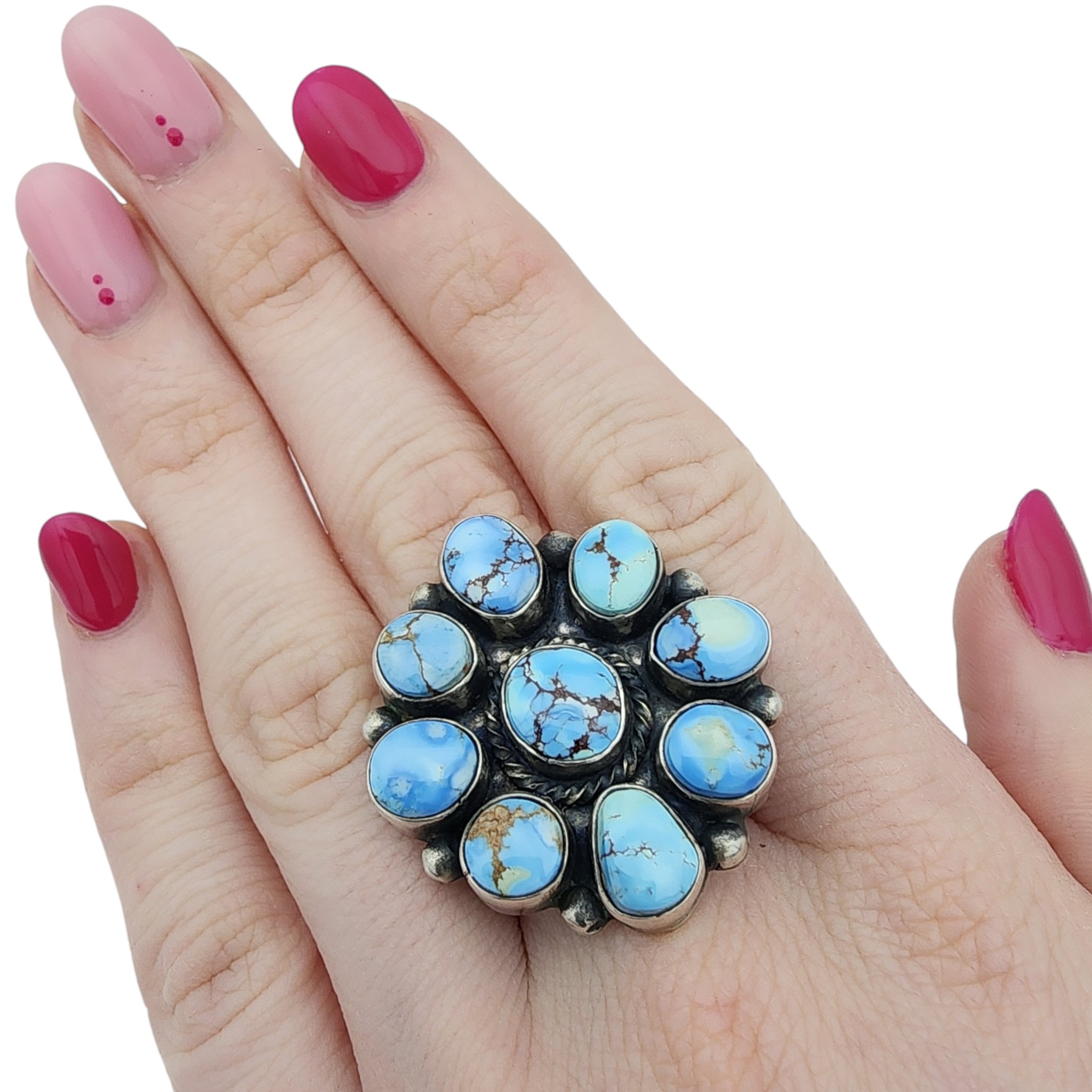 Raymond Beard Navajo Sterling Golden Hills Turquoise Cluster Ring Sz 9