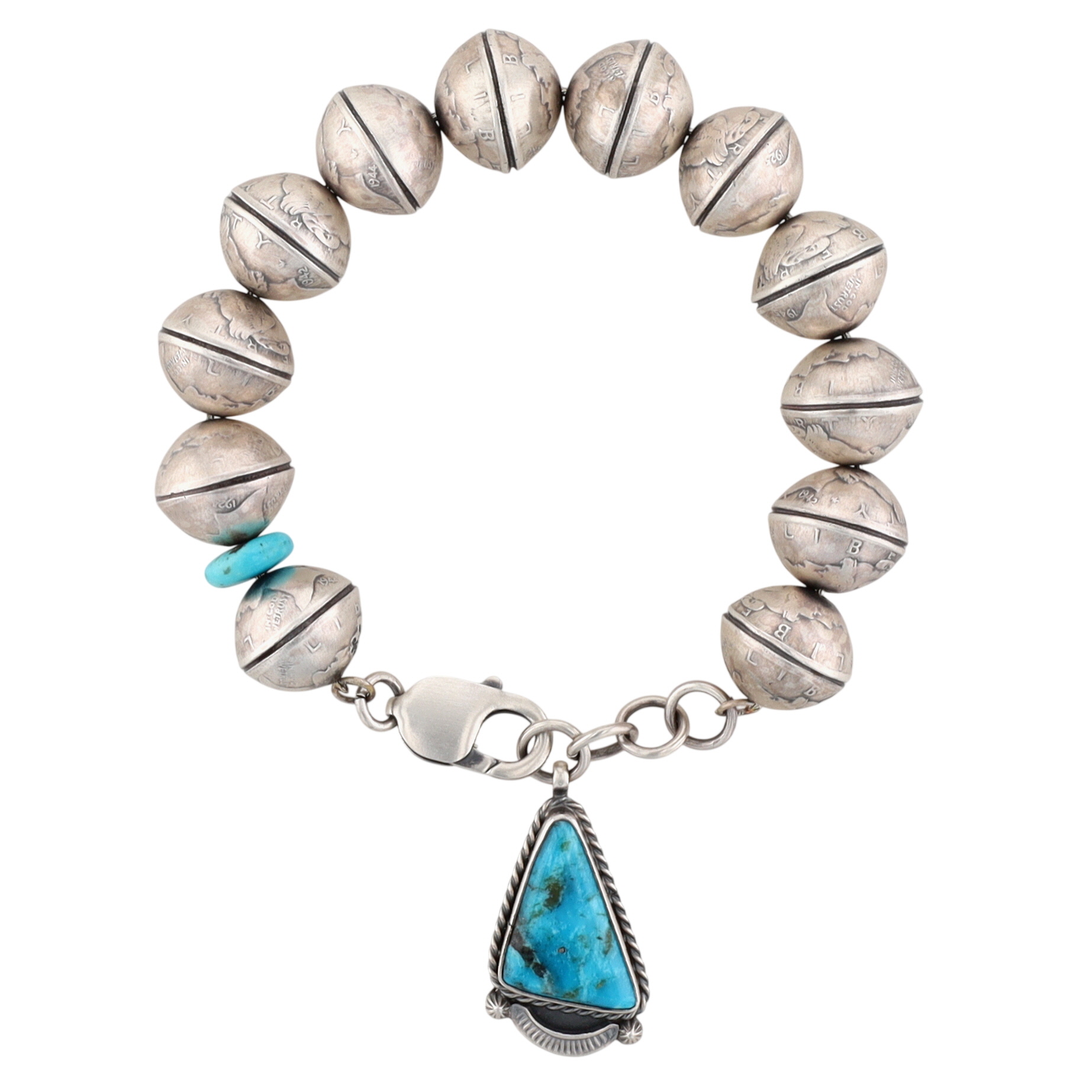 James McCabe Navajo Sterling Turquoise Mercury Dime Bead Bracelet