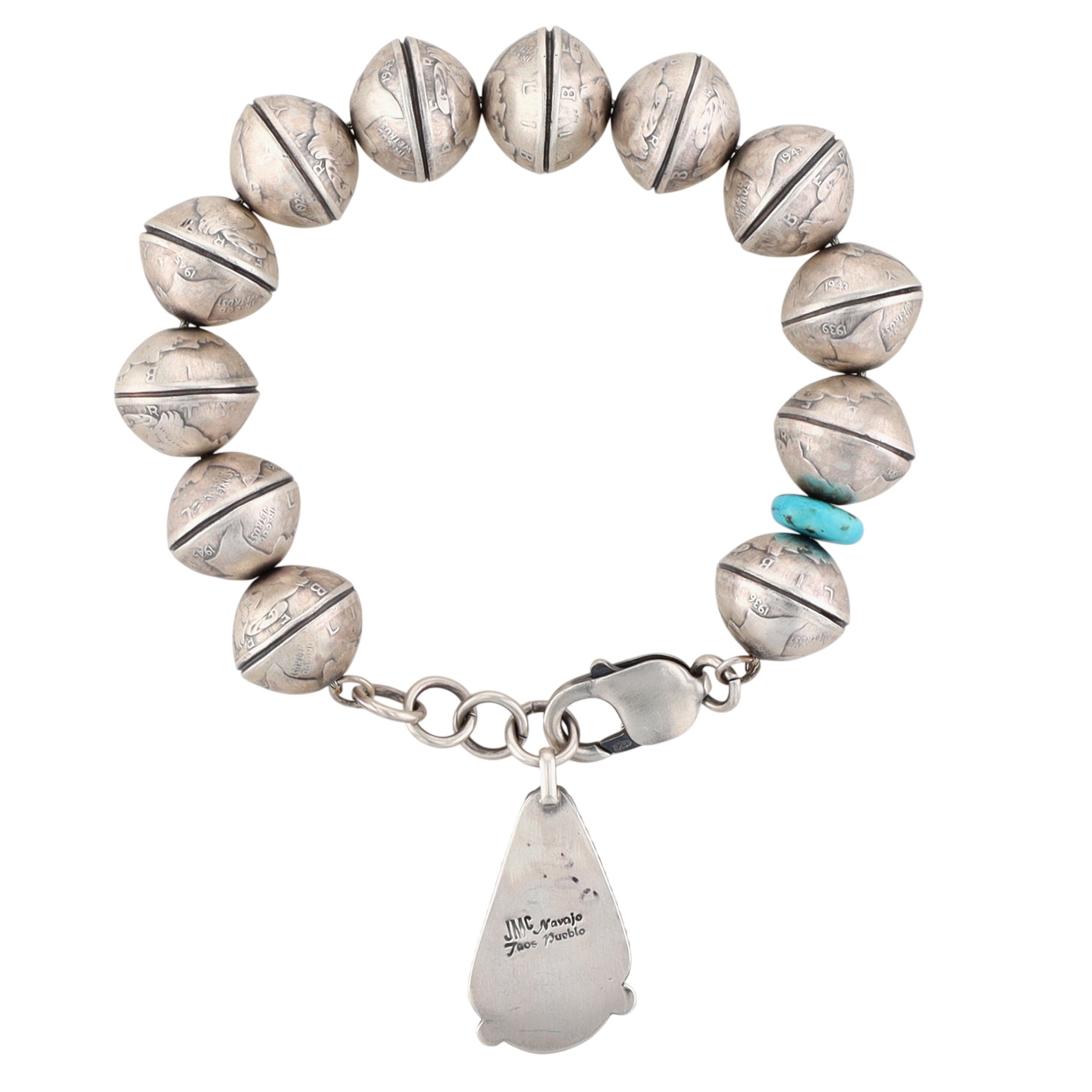 James McCabe Navajo Sterling Turquoise Mercury Dime Bead Bracelet