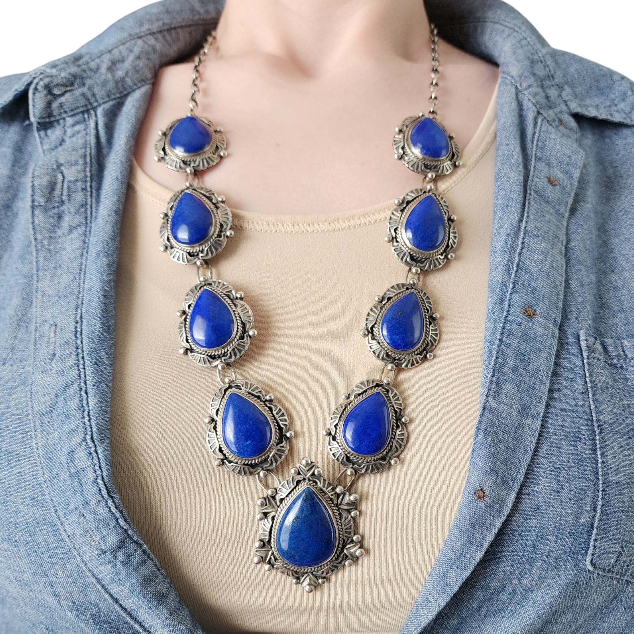 Randy Boyd Navajo Sterling Stamped Lapis Lazuli Station Necklace