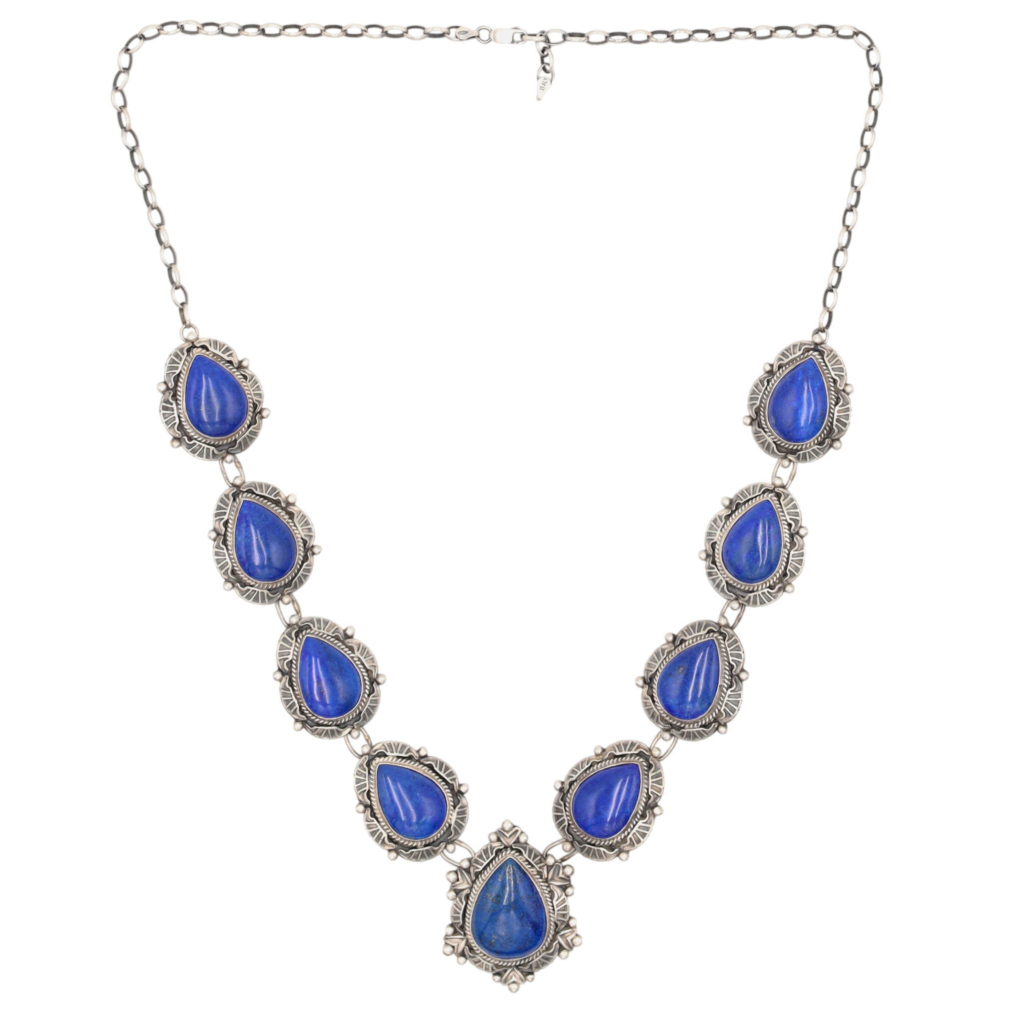 Randy Boyd Navajo Sterling Stamped Lapis Lazuli Station Necklace