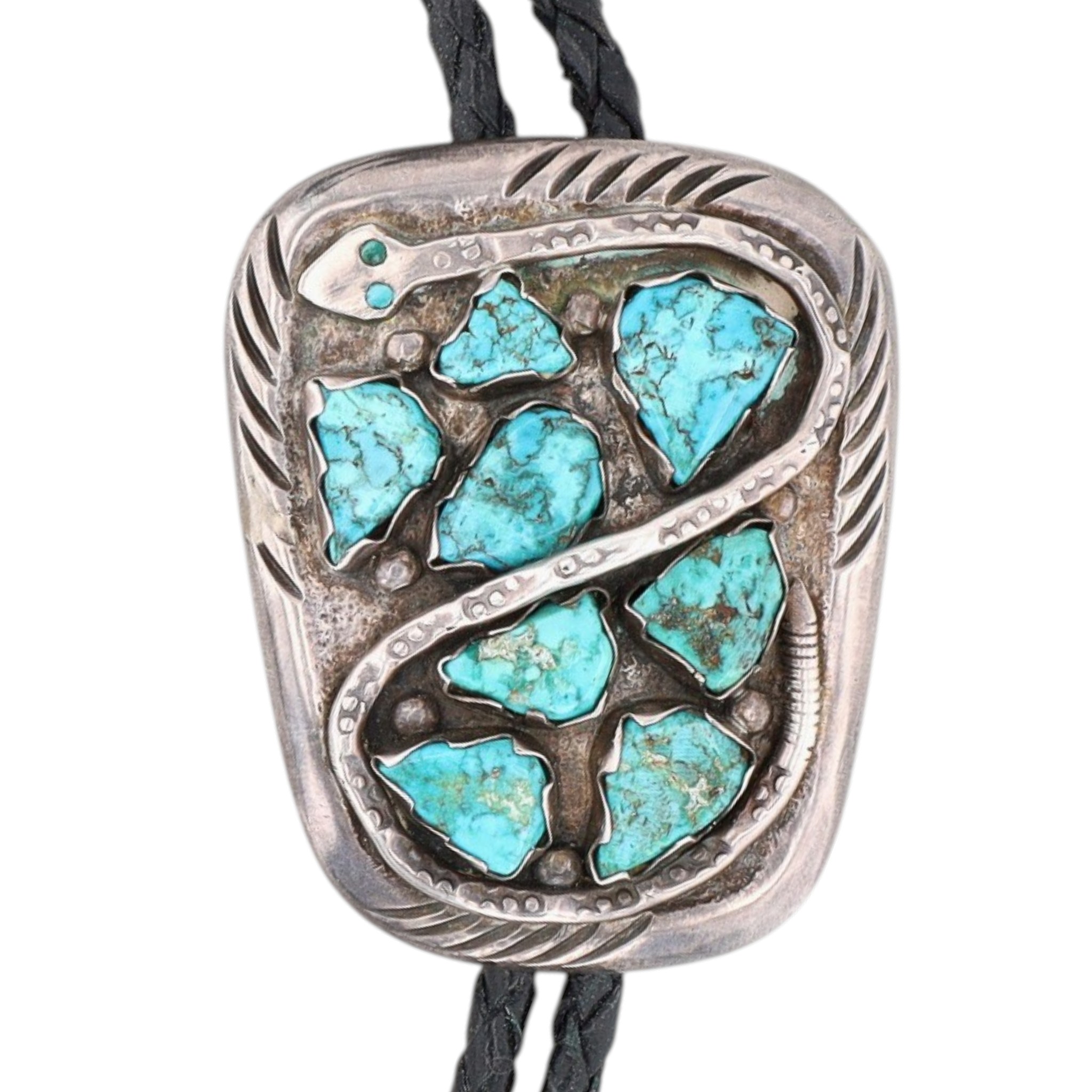 Vintage Juan Calavaza Zuni Sterling Turquoise Snake Bolo Tie