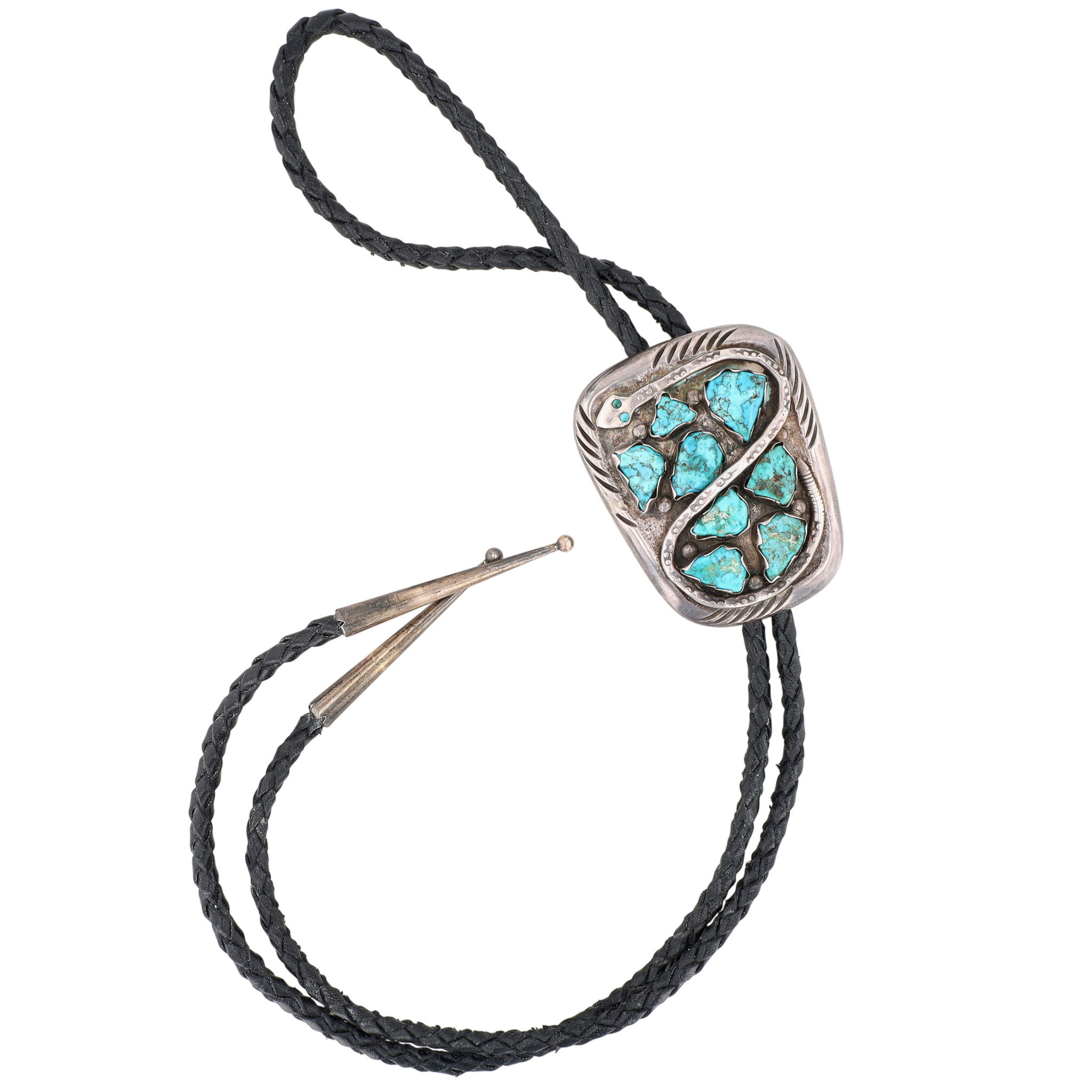 Vintage Juan Calavaza Zuni Sterling Turquoise Snake Bolo Tie