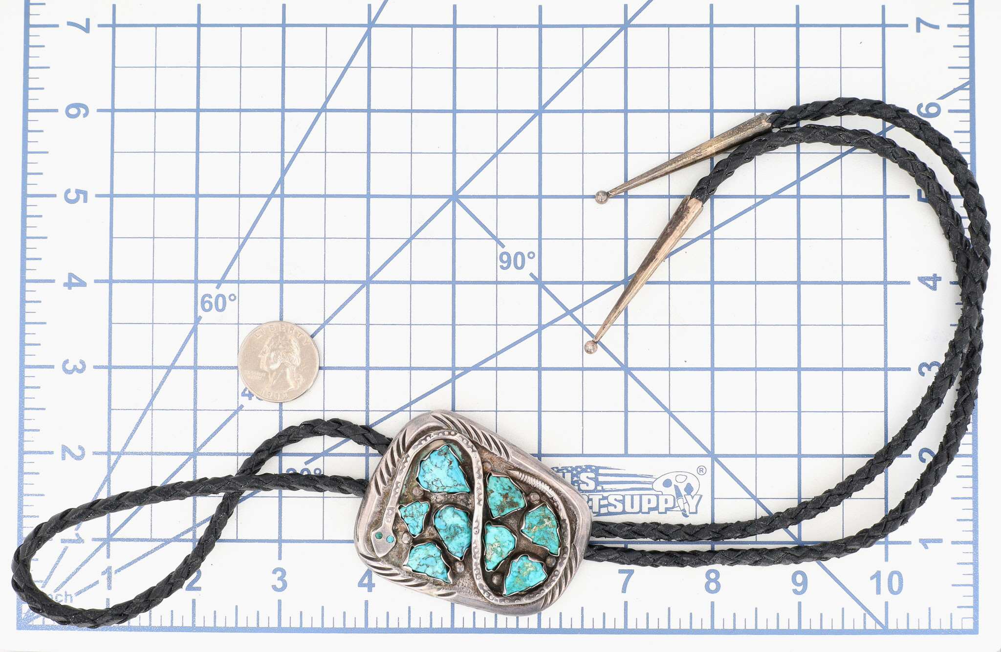 Vintage Juan Calavaza Zuni Sterling Turquoise Snake Bolo Tie
