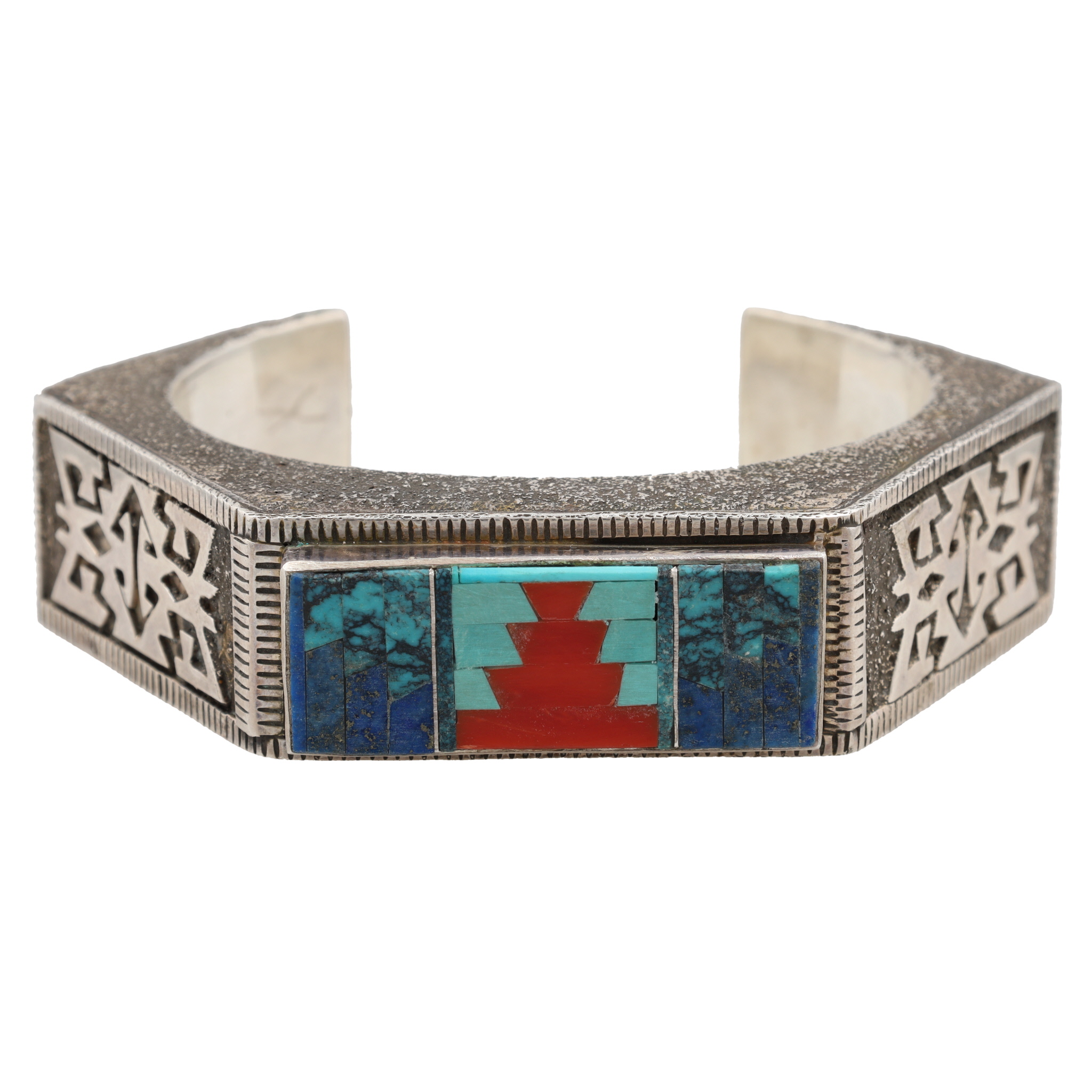 Navajo Sterling Multi-Stone Inlay Textured Cuff Bracelet