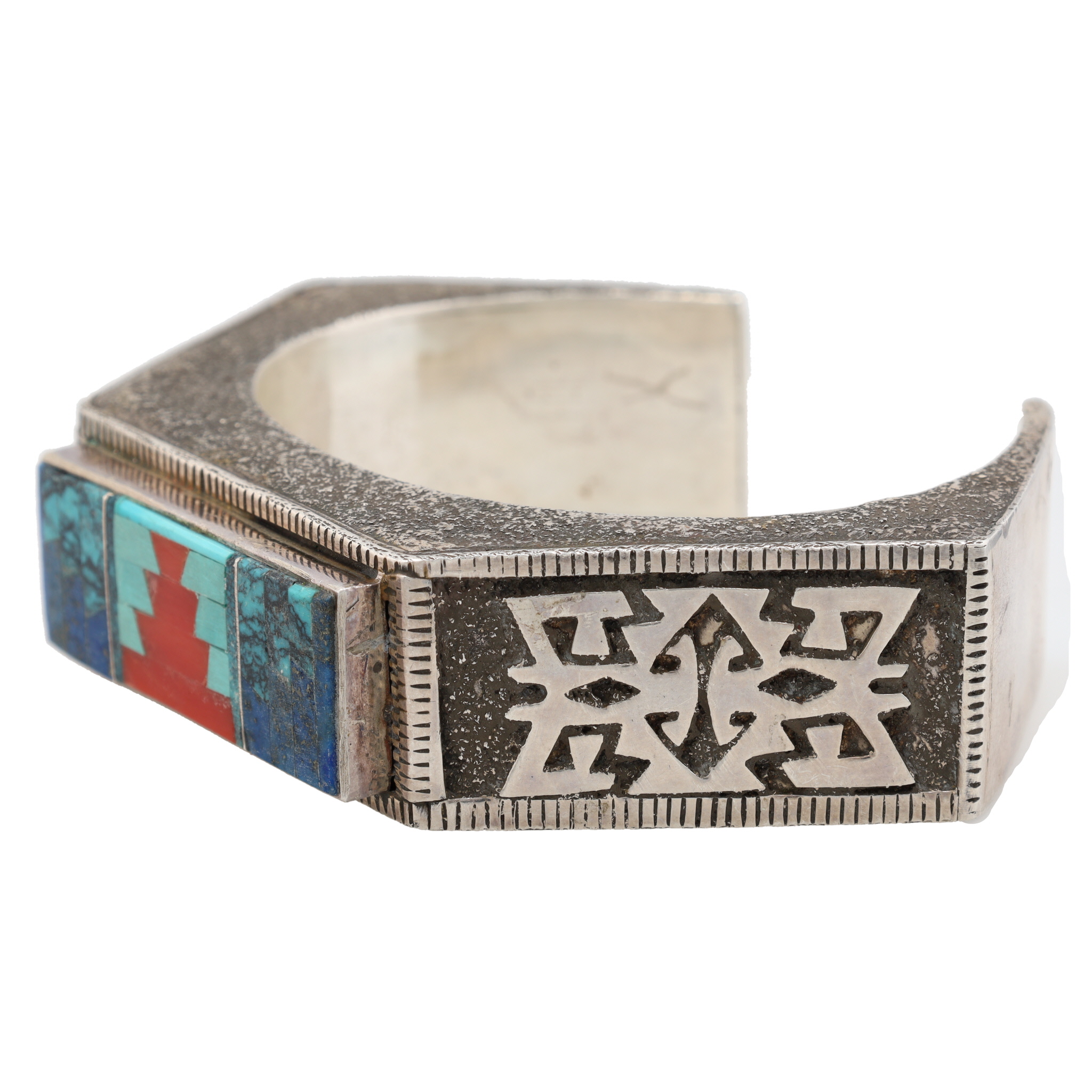 Navajo Sterling Multi-Stone Inlay Textured Cuff Bracelet