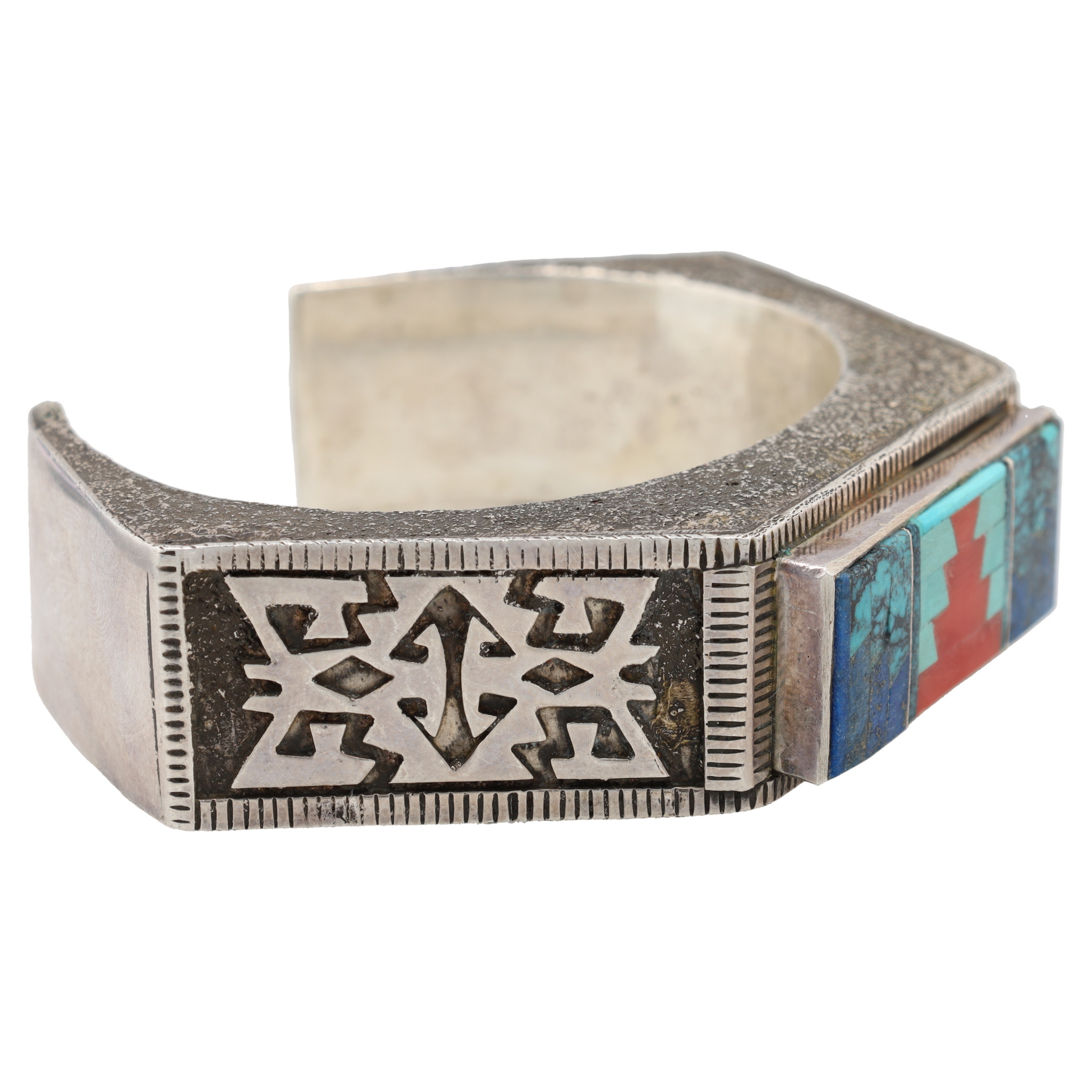 Navajo Sterling Multi-Stone Inlay Textured Cuff Bracelet