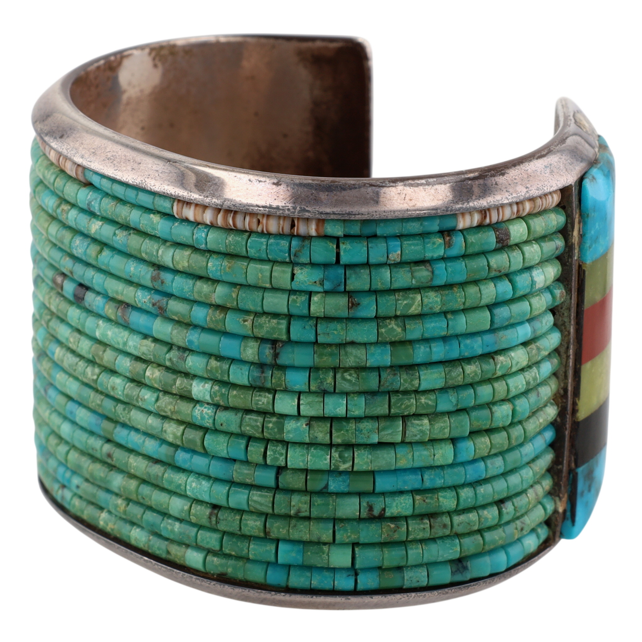 Amazing Signed Santo Domingo Sterling Multi-Stone Inlay Heishi Cuff Bracelet