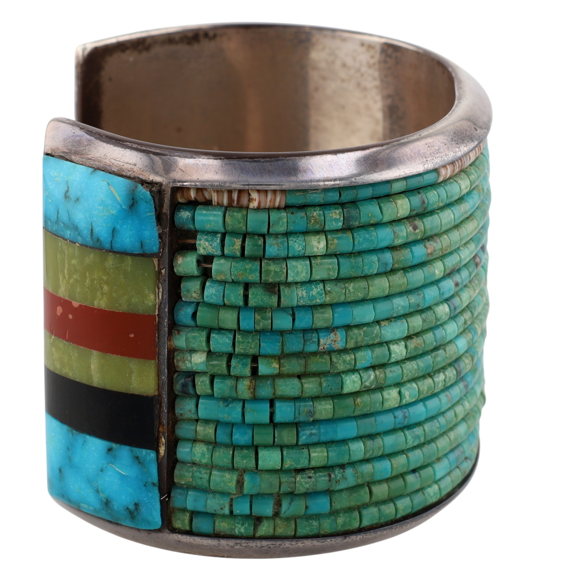 Amazing Signed Santo Domingo Sterling Multi-Stone Inlay Heishi Cuff Bracelet
